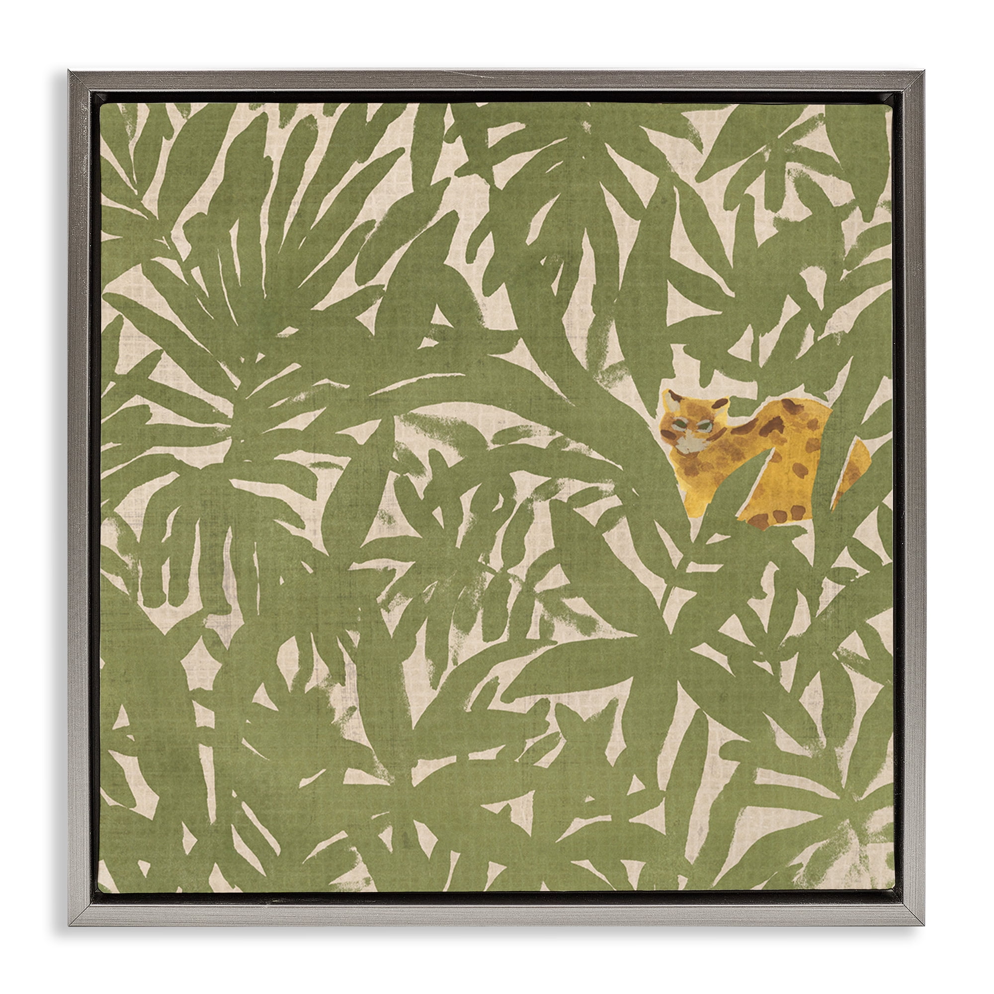 Stupell Industries Hiding Cheetah Palm Plants Botanical & Floral Painting Gray Floater Framed Canvas Art Print Wall Art, 25 x 25