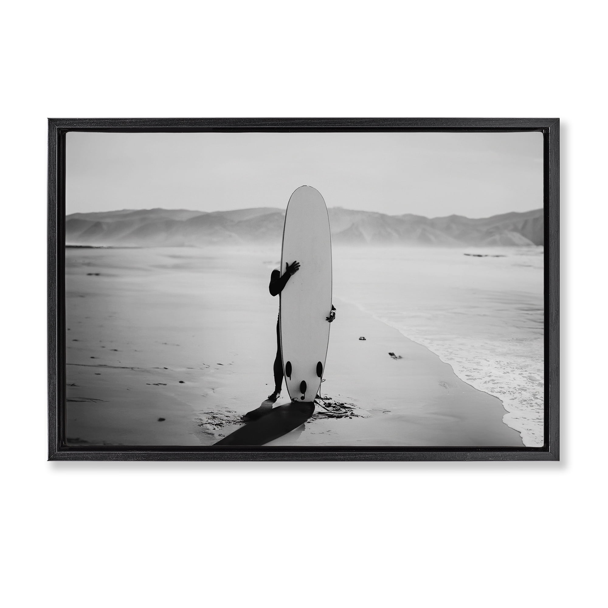 Stupell Industries Hiding with Surfboard Sports Photography Black Floater Framed Canvas Art Print Wall Art, 31 x 21