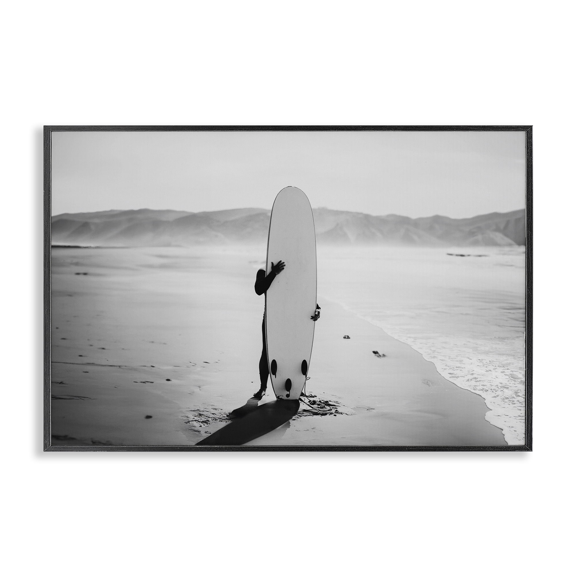 Stupell Industries Hiding with Surfboard Sports Photography Black Framed Art Print Wall Art, 30 x 20