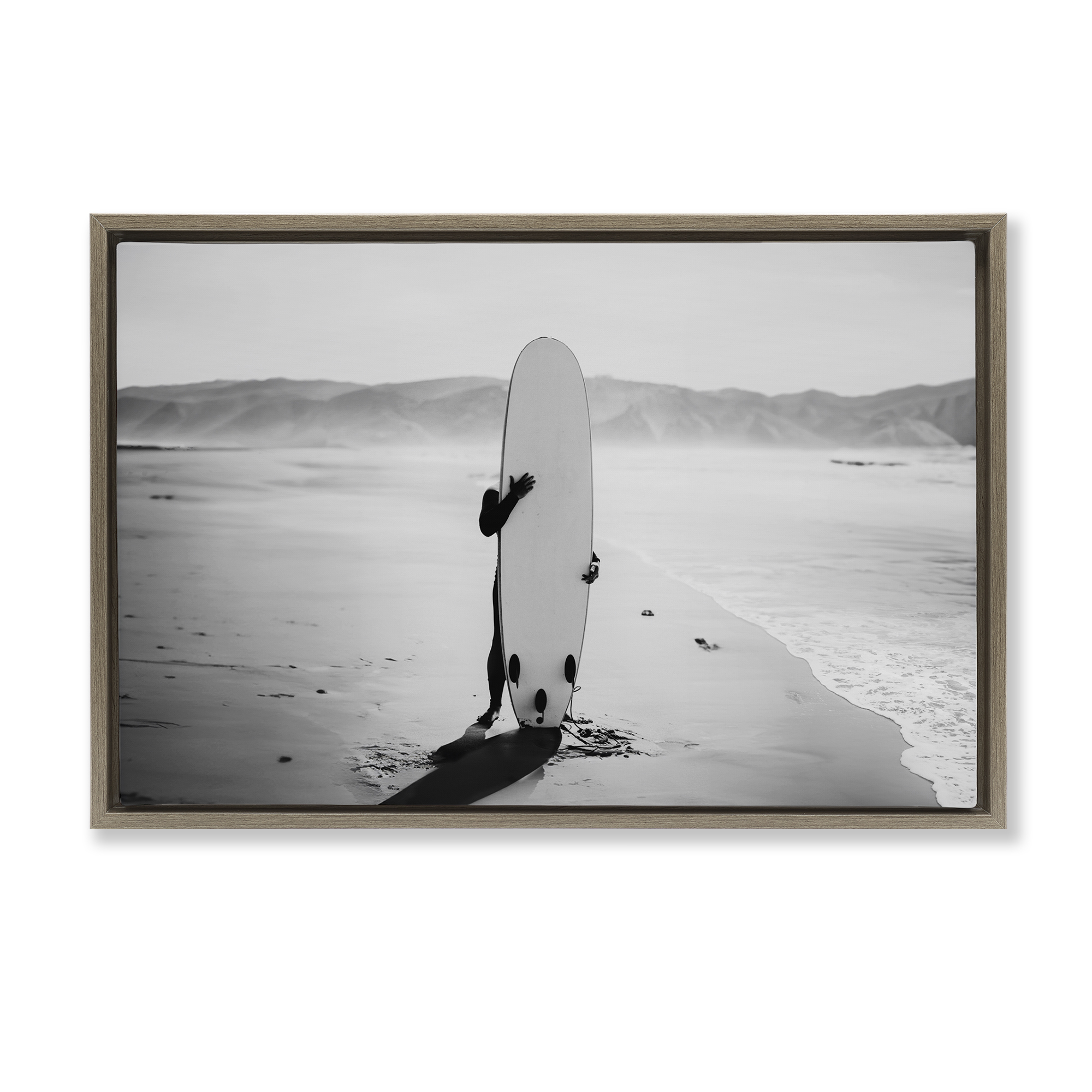 Stupell Industries Hiding with Surfboard Sports Photography Brown Floater Framed Canvas Art Print Wall Art, 25 x 17