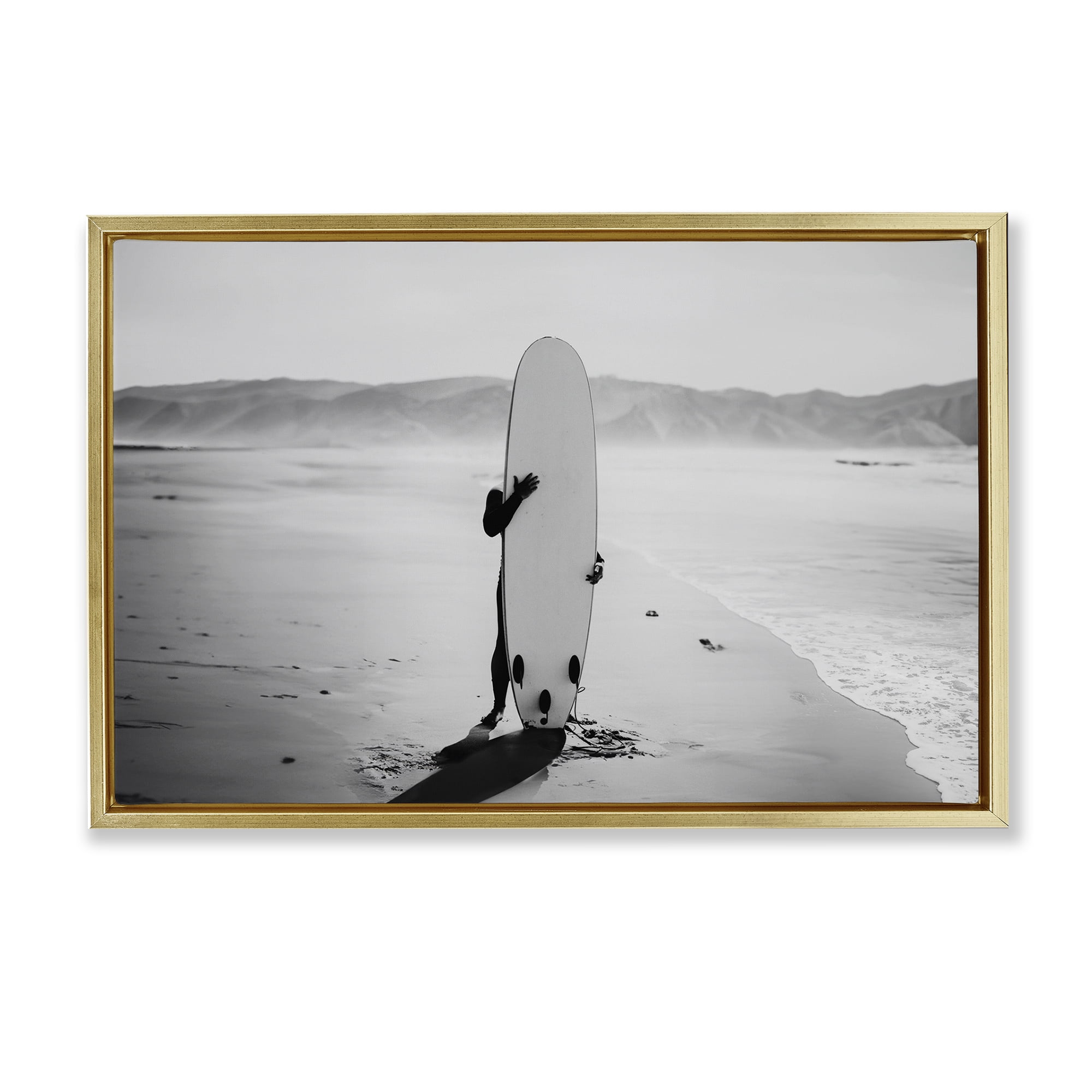 Stupell Industries Hiding with Surfboard Sports Photography Gold Floater Framed Canvas Art Print Wall Art, 31 x 21
