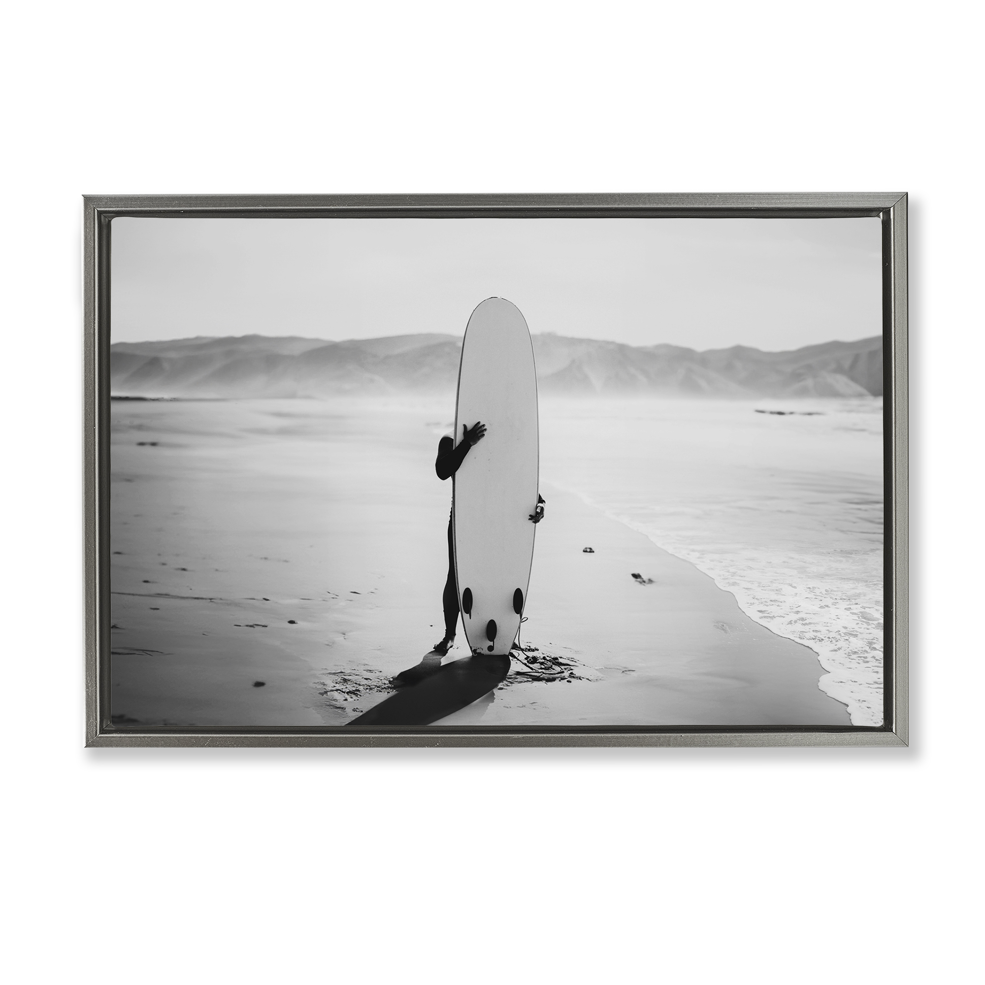 Stupell Industries Hiding with Surfboard Sports Photography Gray Floater Framed Canvas Art Print Wall Art, 31 x 21