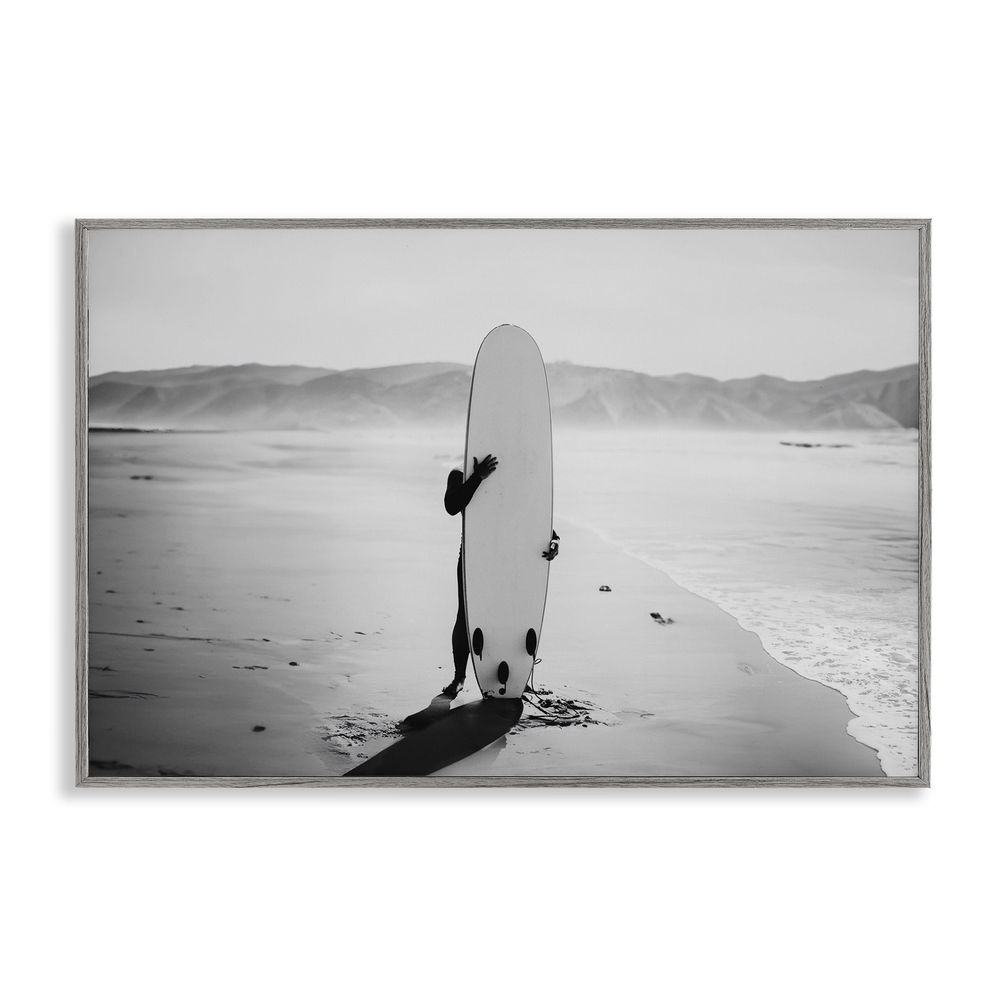 Stupell Industries Hiding with Surfboard Sports Photography Gray Framed Art Print Wall Art, 18 x 12