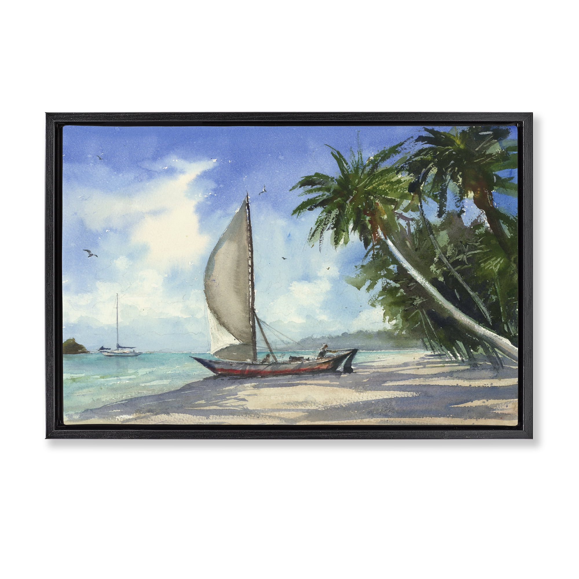 Stupell Industries High & Dry Boat on Shore Nautical & Beach Painting Black Floater Framed Canvas Art Print Wall Art, 31 x 21