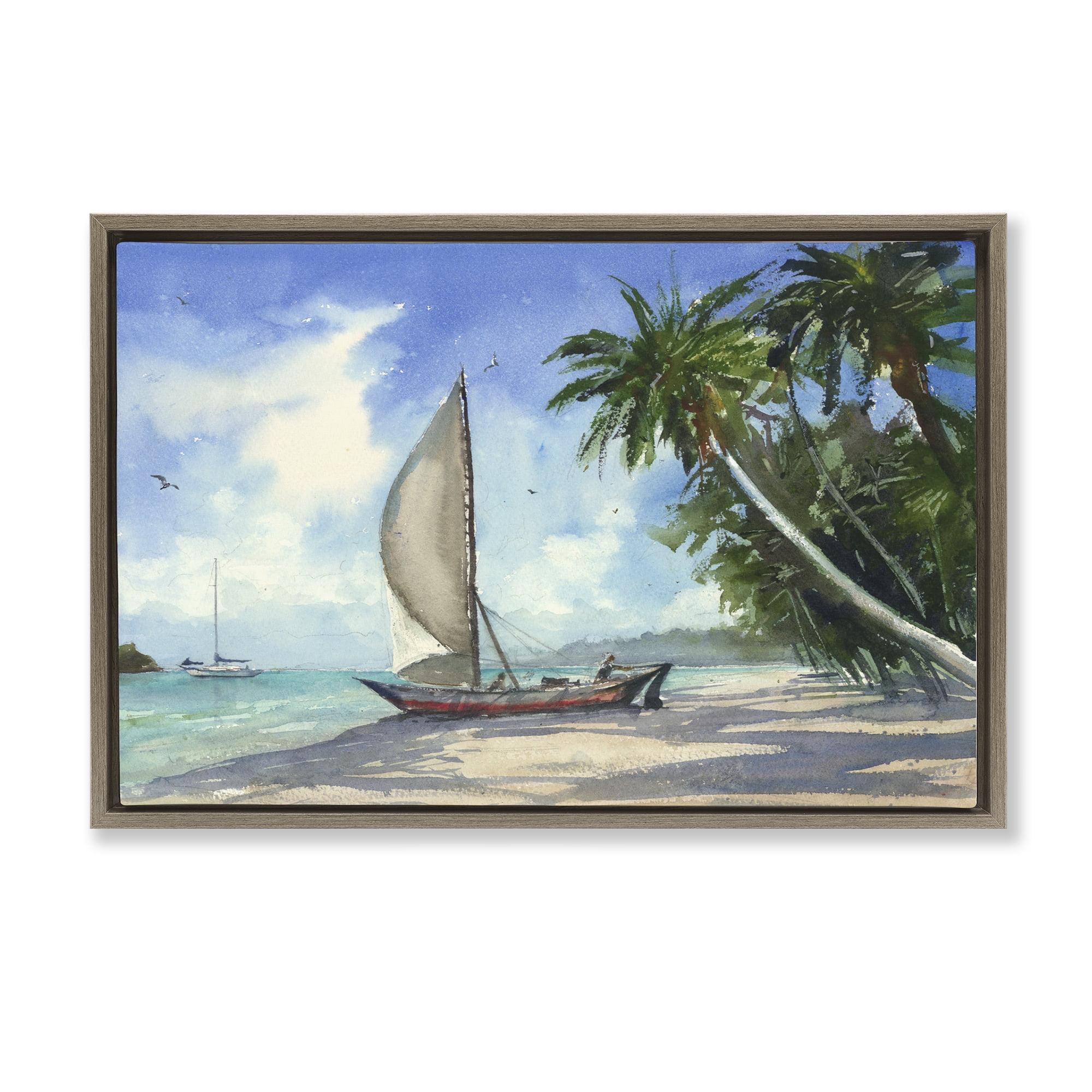 Stupell Industries High & Dry Boat on Shore Nautical & Beach Painting Brown Floater Framed Canvas Art Print Wall Art, 25 x 17