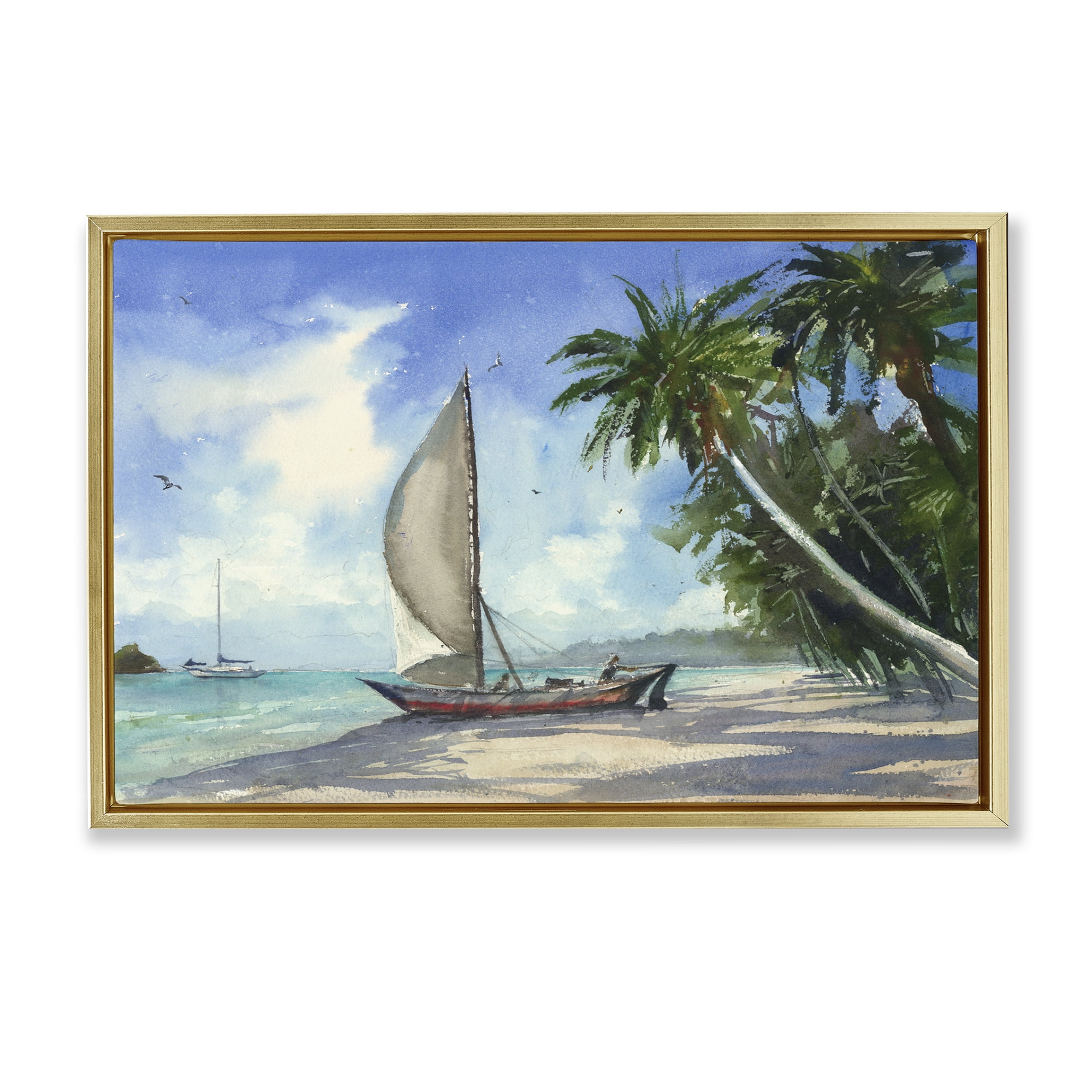 Stupell Industries High & Dry Boat on Shore Nautical & Beach Painting Gold Floater Framed Canvas Art Print Wall Art, 31 x 21