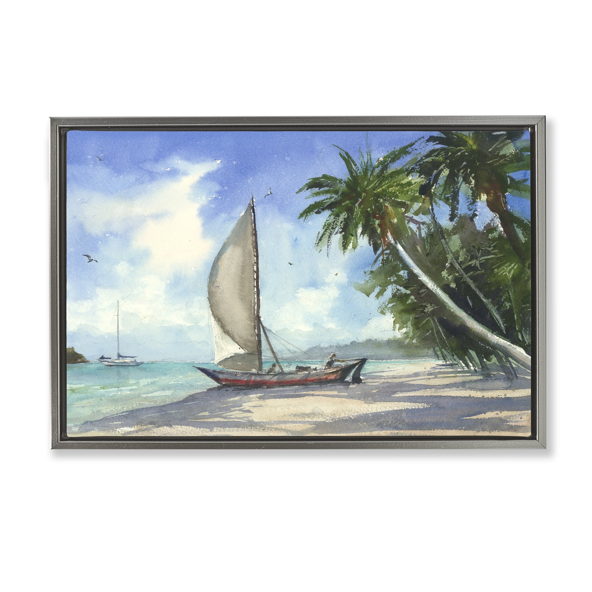 Stupell Industries High & Dry Boat on Shore Nautical & Beach Painting Gray Floater Framed Canvas Art Print Wall Art, 25 x 17