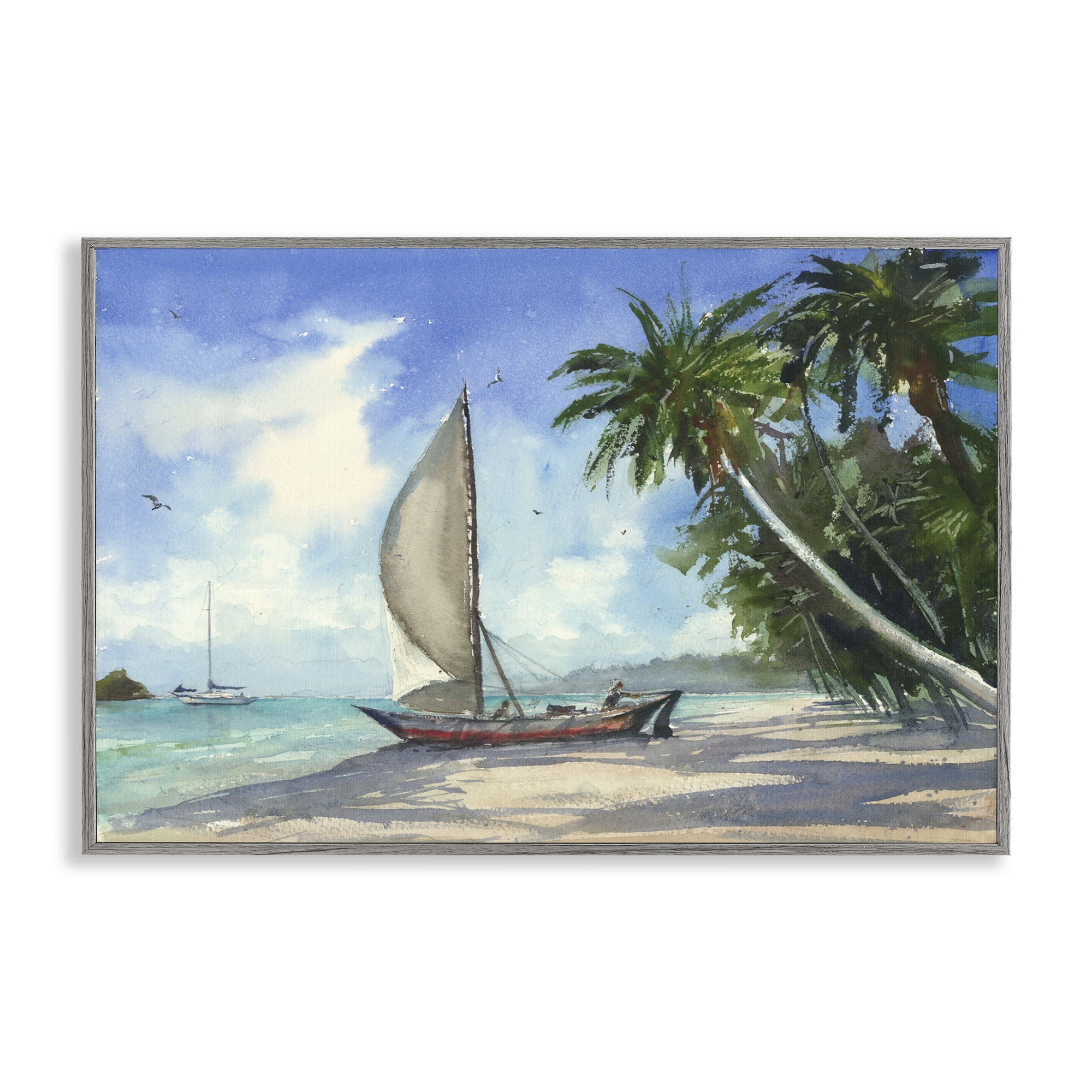 Stupell Industries High & Dry Boat on Shore Nautical & Beach Painting Gray Framed Art Print Wall Art, 30 x 20