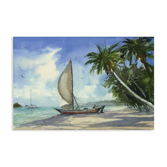 Stupell Industries High & Dry Boat on Shore Nautical & Beach Painting Wrapped Canvas Art Print Wall Art, 24 x 16