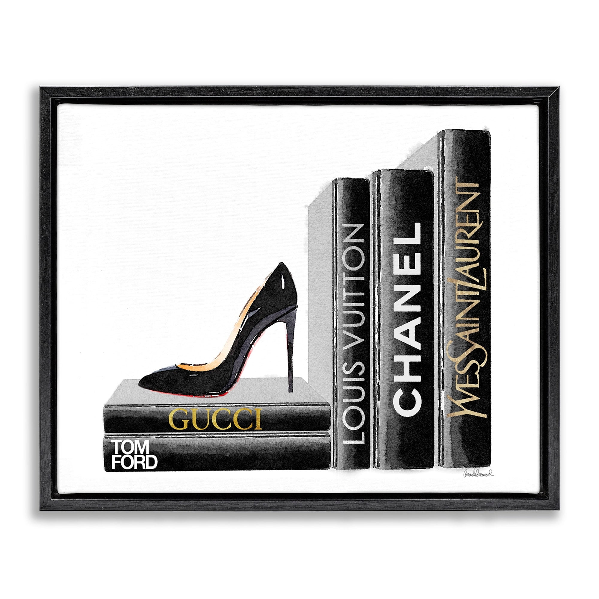 Stupell Industries High Fashion Black Book Shelf with Stilettos Heel Jet Black Framed Floating Canvas Wall Art, 24x30, by Amanda Greenwood