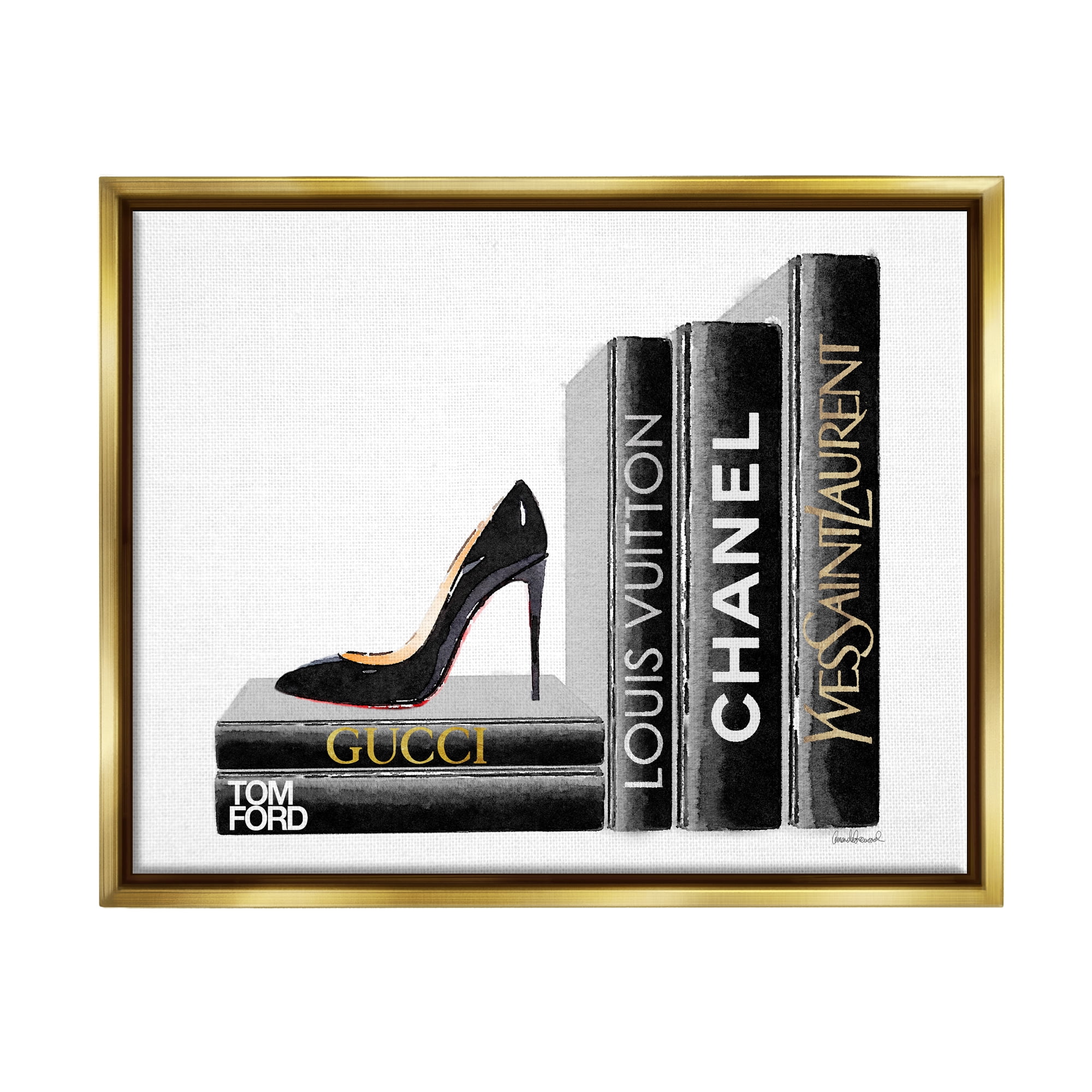 Stupell Industries High Fashion Black Book Shelf with Stilettos Heel Metallic Gold Framed Floating Canvas Wall Art, 16x20, by Amanda Greenwood