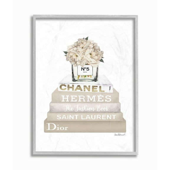 Stupell Industries High Fashion Bookstack with Tan Flowers Framed Wall Art by Amanda Greenwood