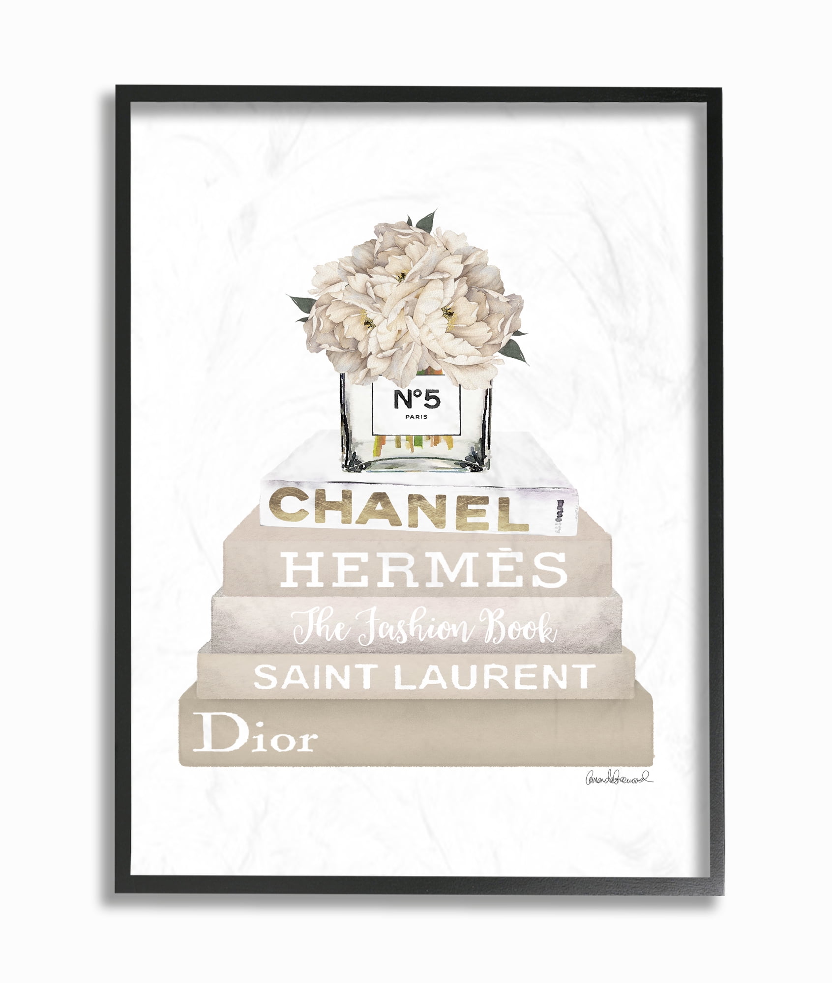 Stupell Industries High Fashion Bookstack with Tan Flowers Framed Wall Art by Amanda Greenwood