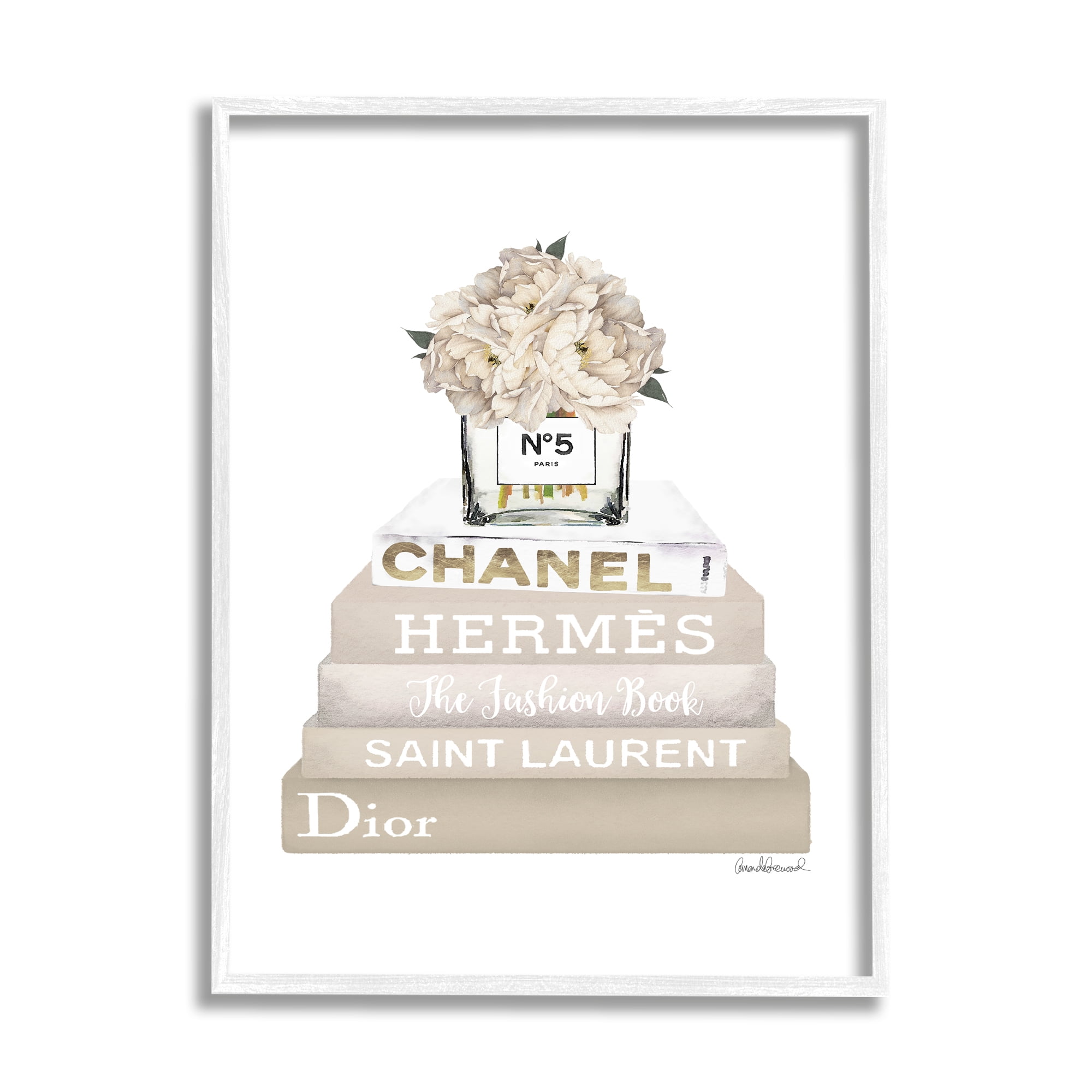 Stupell Industries High Fashion Bookstack with Tan Flowers Graphic Art White Framed Art Print Wall Art, 24x30, by Amanda Greenwood