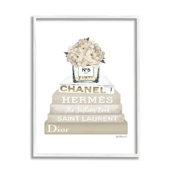Stupell Industries High Fashion Bookstack with Tan Flowers Graphic Art White Framed Art Print Wall Art, 24x30, by Amanda Greenwood