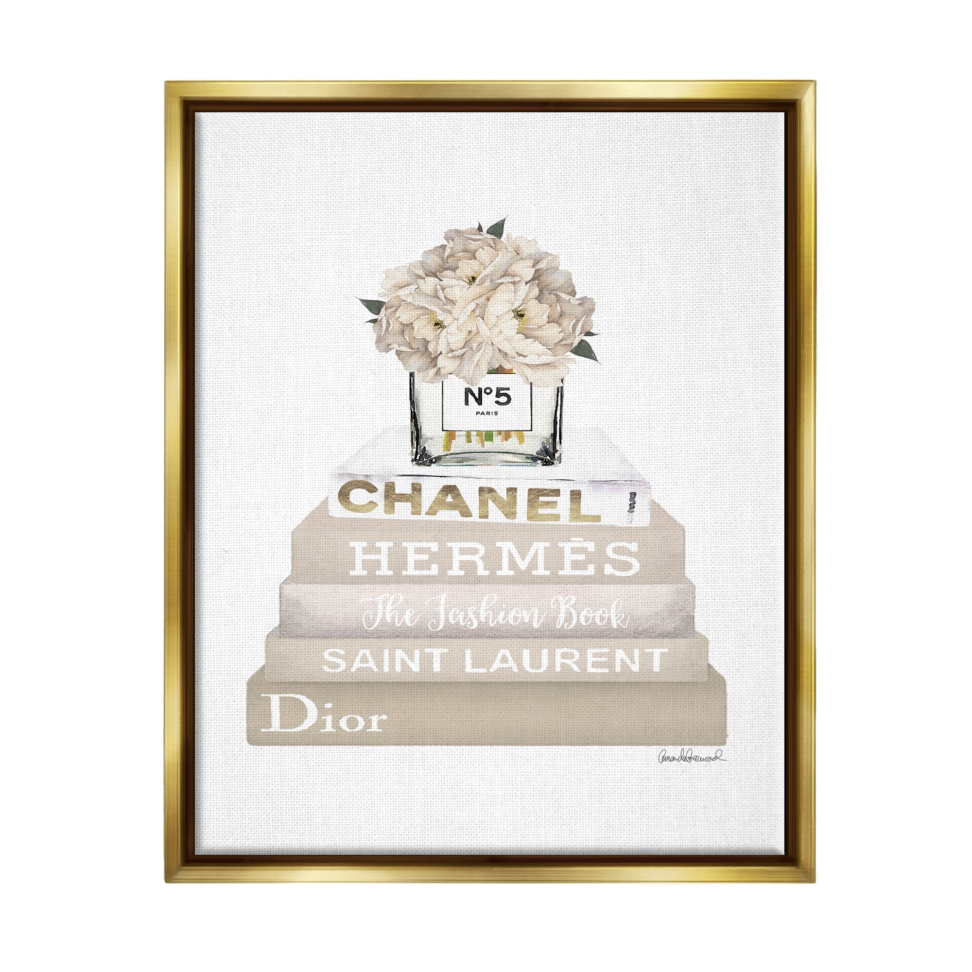Stupell Industries High Fashion Bookstack with Tan Flowers Metallic Gold Framed Floating Canvas Wall Art, 16x20, by Amanda Greenwood