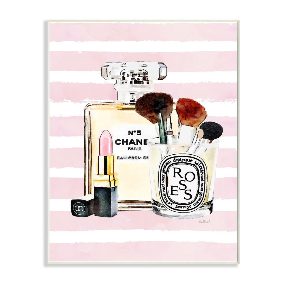 Stupell Industries High Fashion Makeup Cosmetics with Chic Pink Stripes Designed by Amanda Greenwood