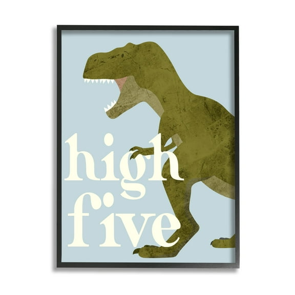 Stupell Industries High Five Roaring Dinosaur T-Rex Kids Typography Graphic Art Black Framed Art Print Wall Art, Design by Daphne Polselli