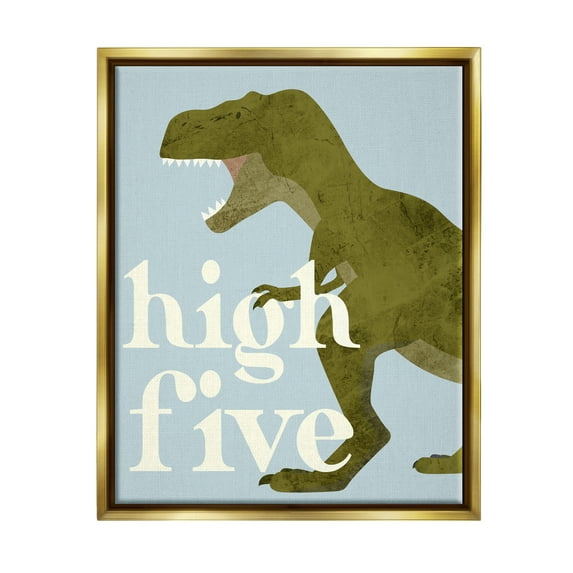 Stupell Industries High Five Roaring Dinosaur T-Rex Kids Typography Graphic Art Metallic Gold Floating Framed Canvas Print Wall Art, Design by Daphne Polselli