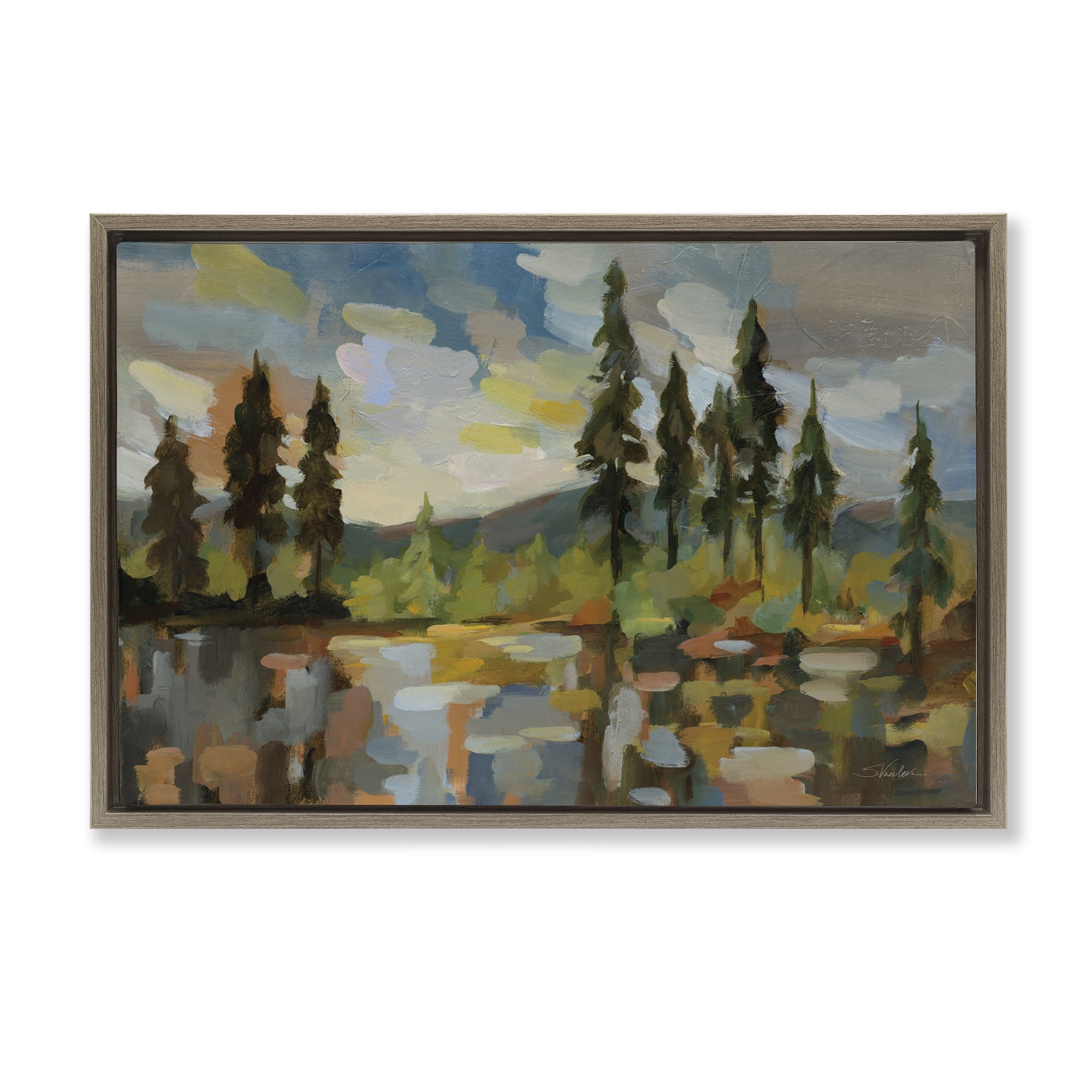 Stupell Industries High Mountain Lake Landscape & Nature Painting Brown Floater Framed Canvas Art Print Wall Art, 31 x 21