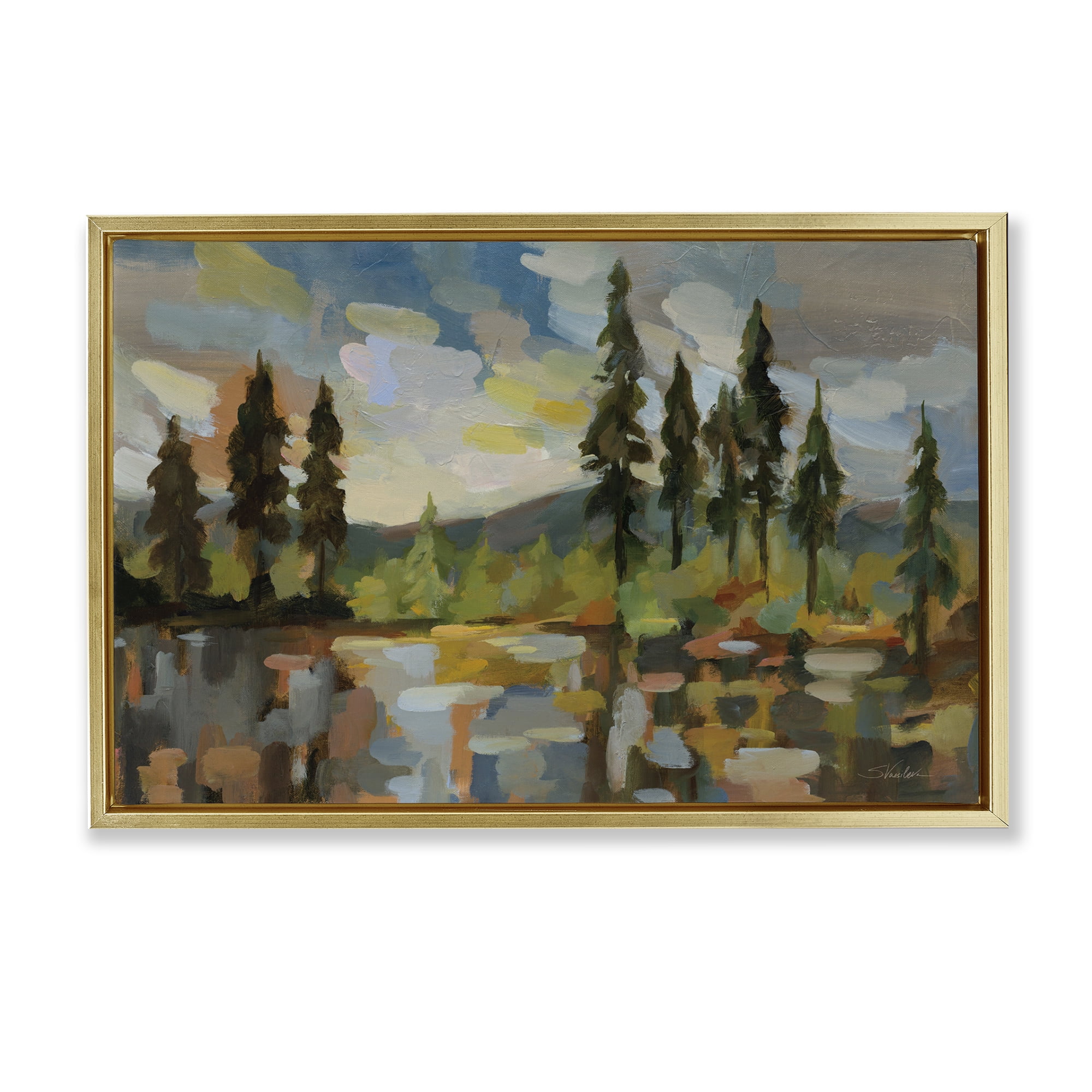 Stupell Industries High Mountain Lake Landscape & Nature Painting Gold Floater Framed Canvas Art Print Wall Art, 25 x 17