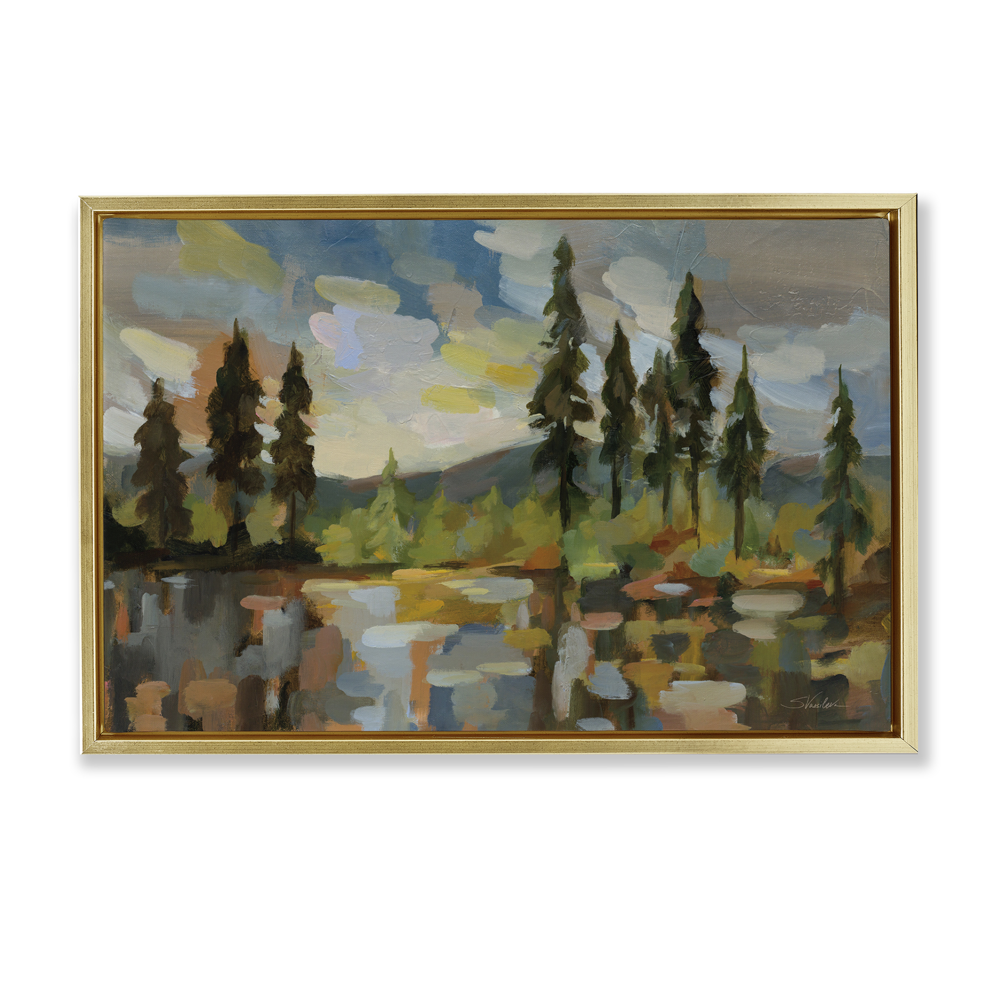 Stupell Industries High Mountain Lake Landscape & Nature Painting Gold Floater Framed Canvas Art Print Wall Art, 31 x 21