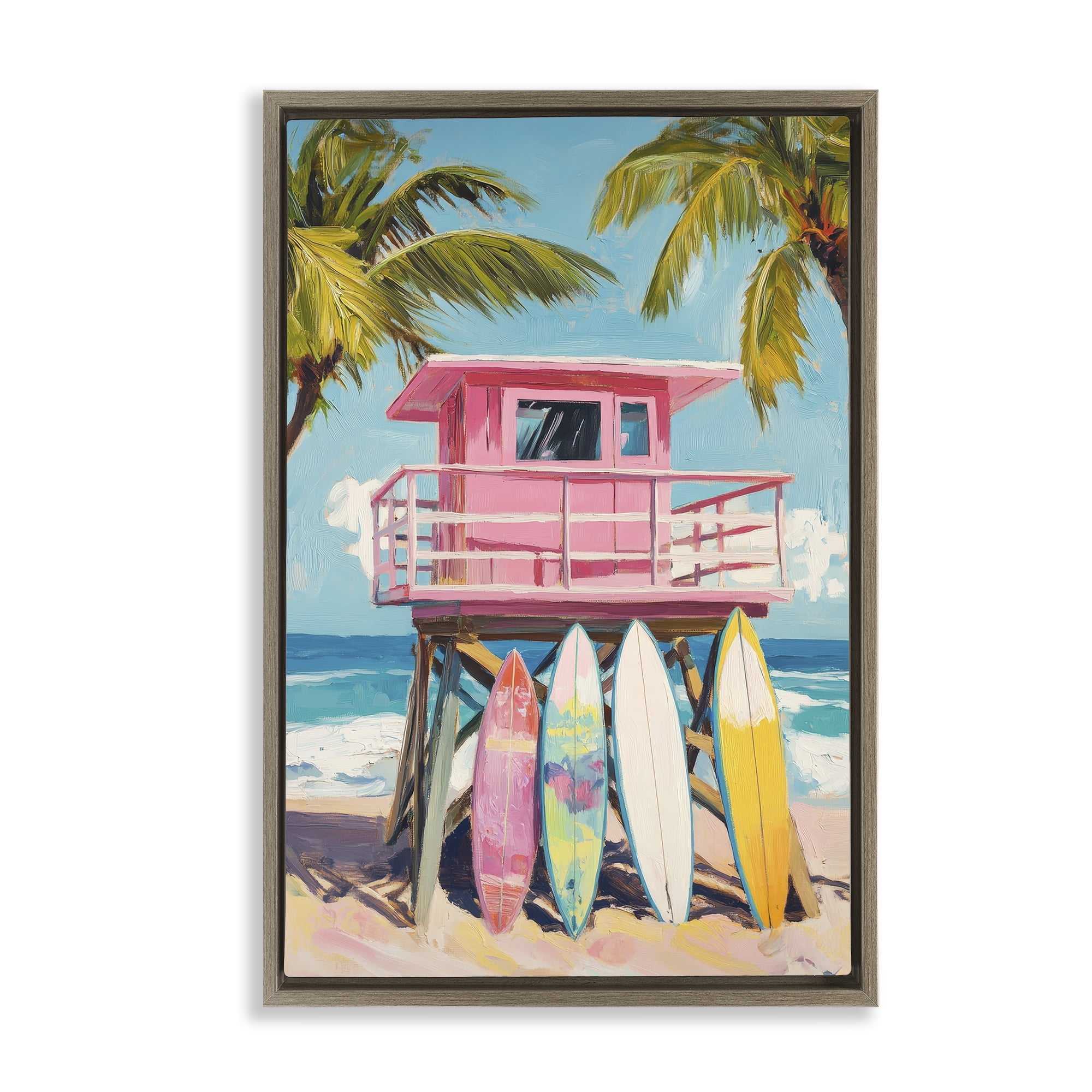 Stupell Industries High Pink Surf Shack Brown Framed Floater Canvas Wall Art, design by Petal Prints Design