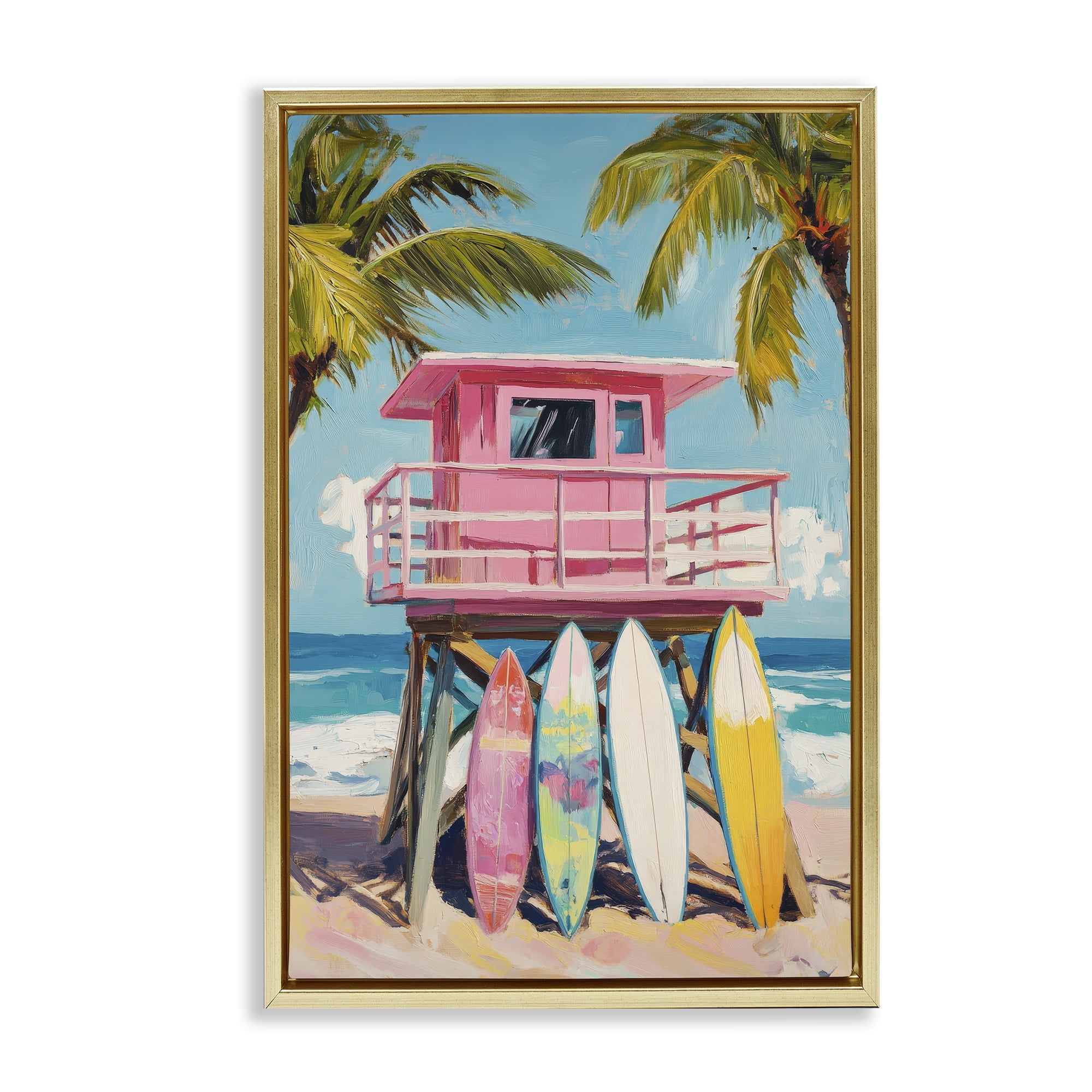 Stupell Industries High Pink Surf Shack Gold Framed Floater Canvas Wall Art, design by Petal Prints Design