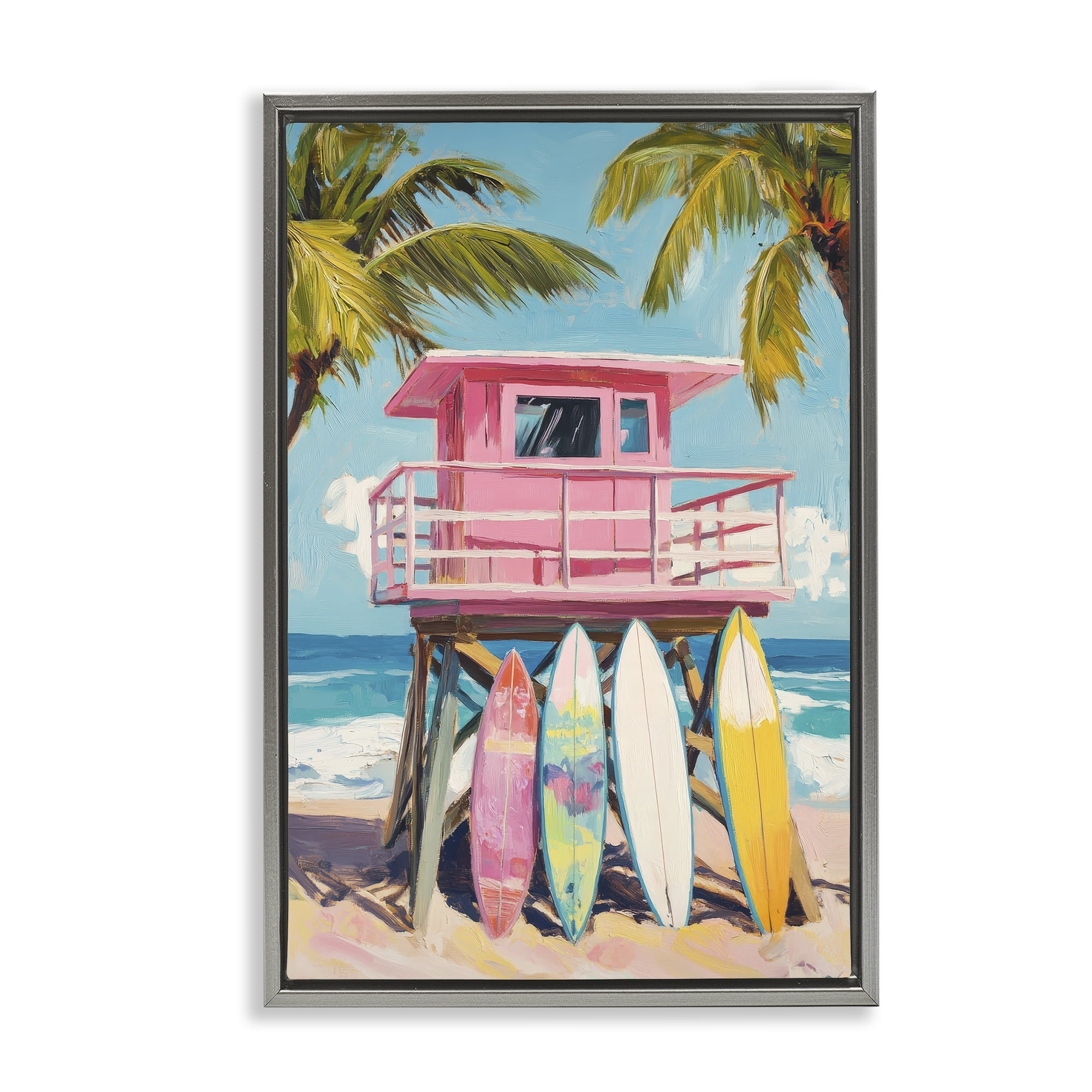 Stupell Industries High Pink Surf Shack Gray Framed Floater Canvas Wall Art, design by Petal Prints Design