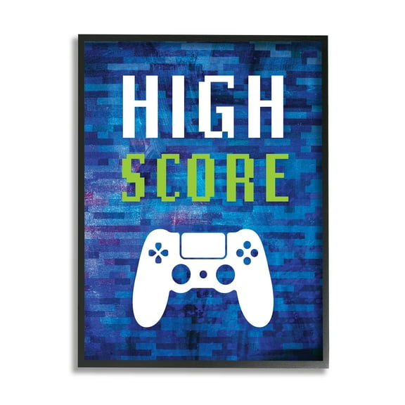 Stupell Industries High Score Pixel Style Gaming Controller Typography Graphic Art Black Framed Art Print Wall Art, Design by Victoria Barnes