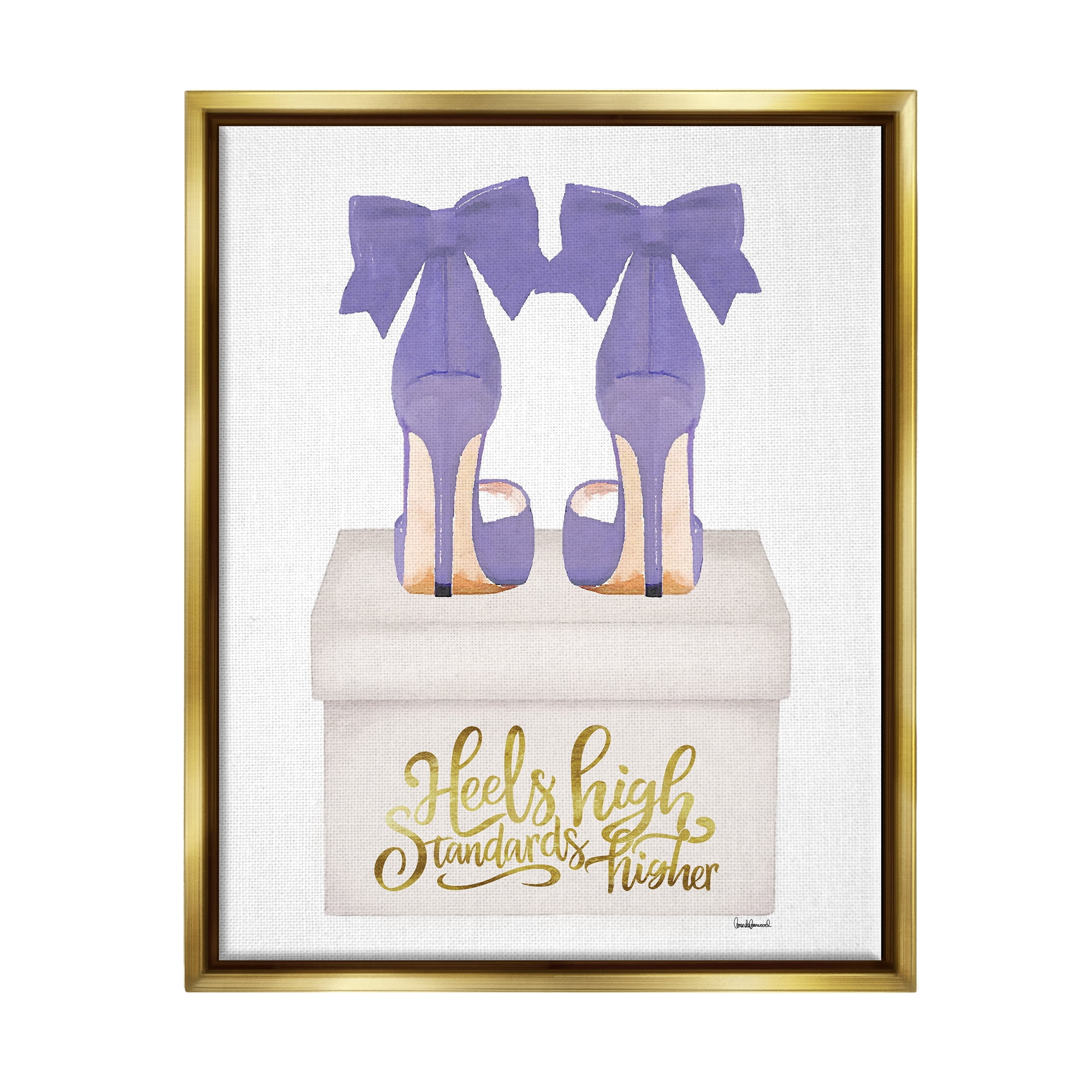 Stupell Industries High Standards Purple Heels Beauty & Fashion Painting Gold Floater Framed Canvas Art Print Wall Art, 17 x 21