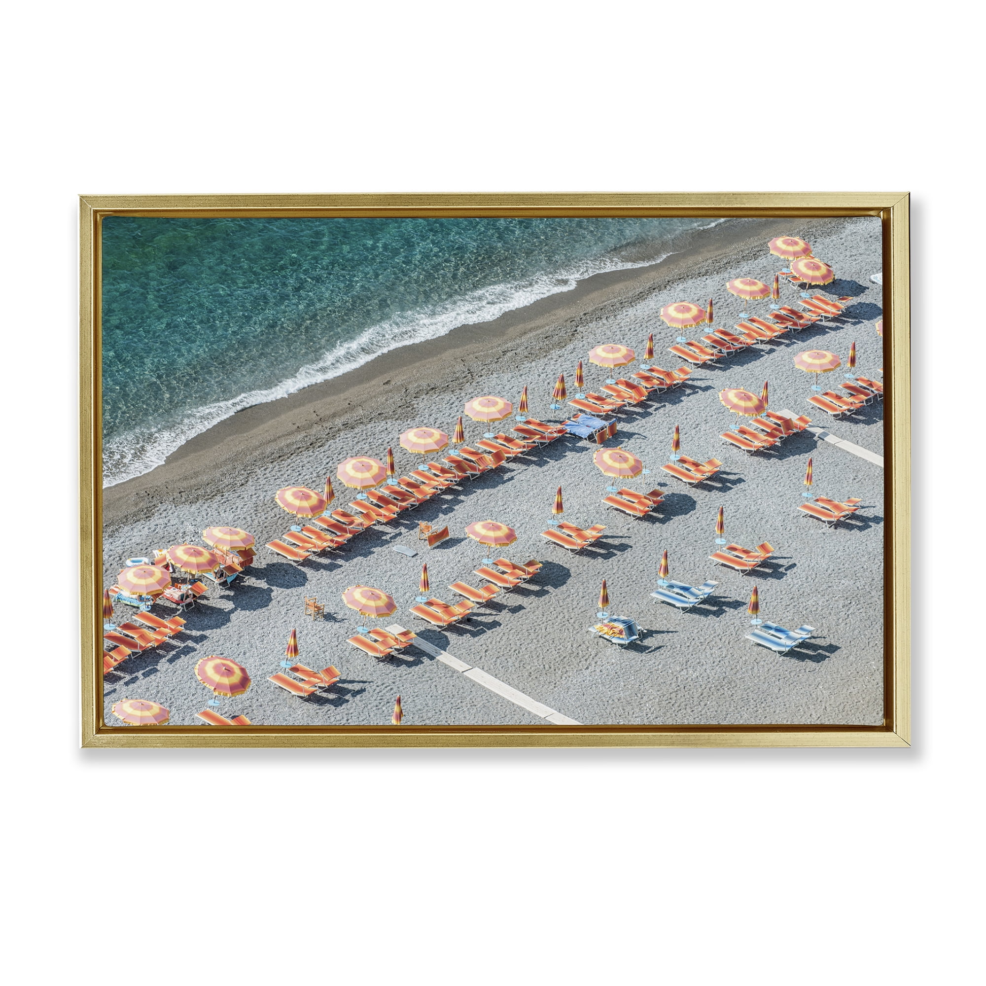 Stupell Industries High Tide Beach Umbrellas Landscape Painting Gold Floater Framed Canvas Art Print Wall Art, 25 x 17