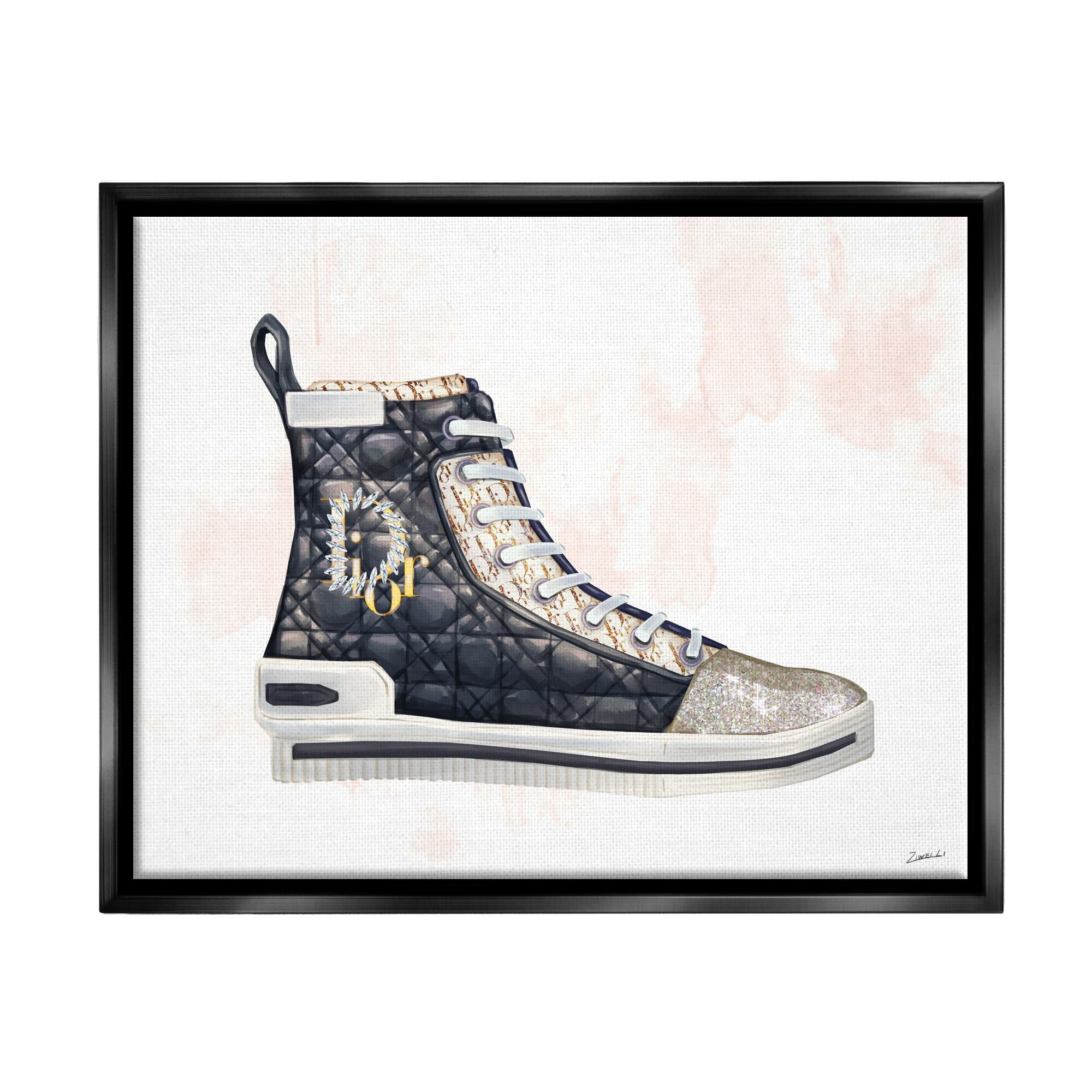 Stupell Industries High Top Fashion Forward Quilted Sneakers Glam Style Jet Black Framed Floating Canvas Wall Art, 16x20, by Ziwei Li