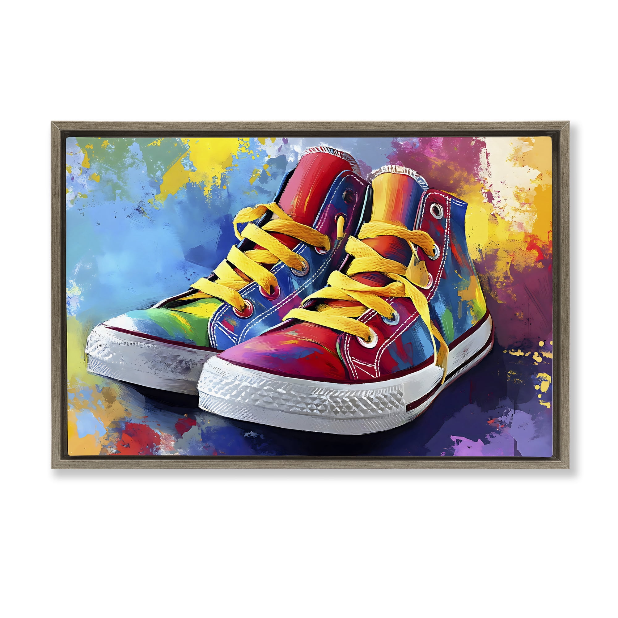 Stupell Industries High Tops with Yellow Laces Brown Framed Floater Canvas Wall Art, design by Creative Studio
