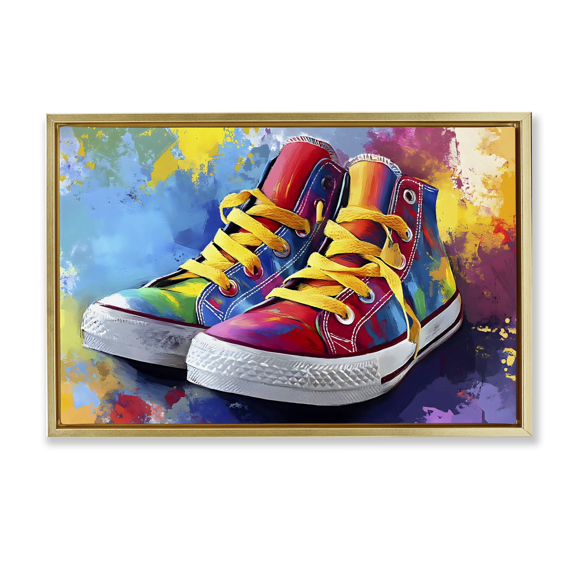Stupell Industries High Tops with Yellow Laces Gold Framed Floater Canvas Wall Art, design by Creative Studio