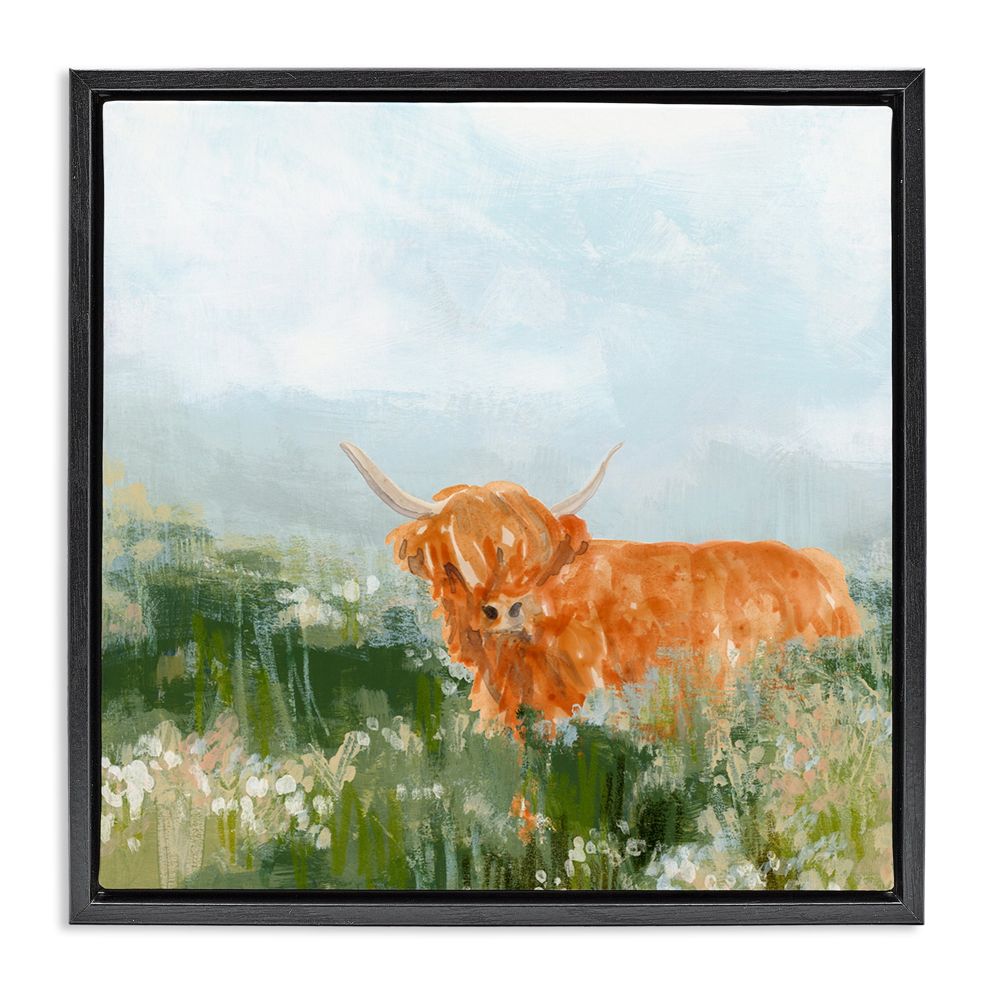 Stupell Industries Highland Cattle Abstraction Animals & Insects Painting Black Floater Framed Canvas Art Print Wall Art, 25 x 25