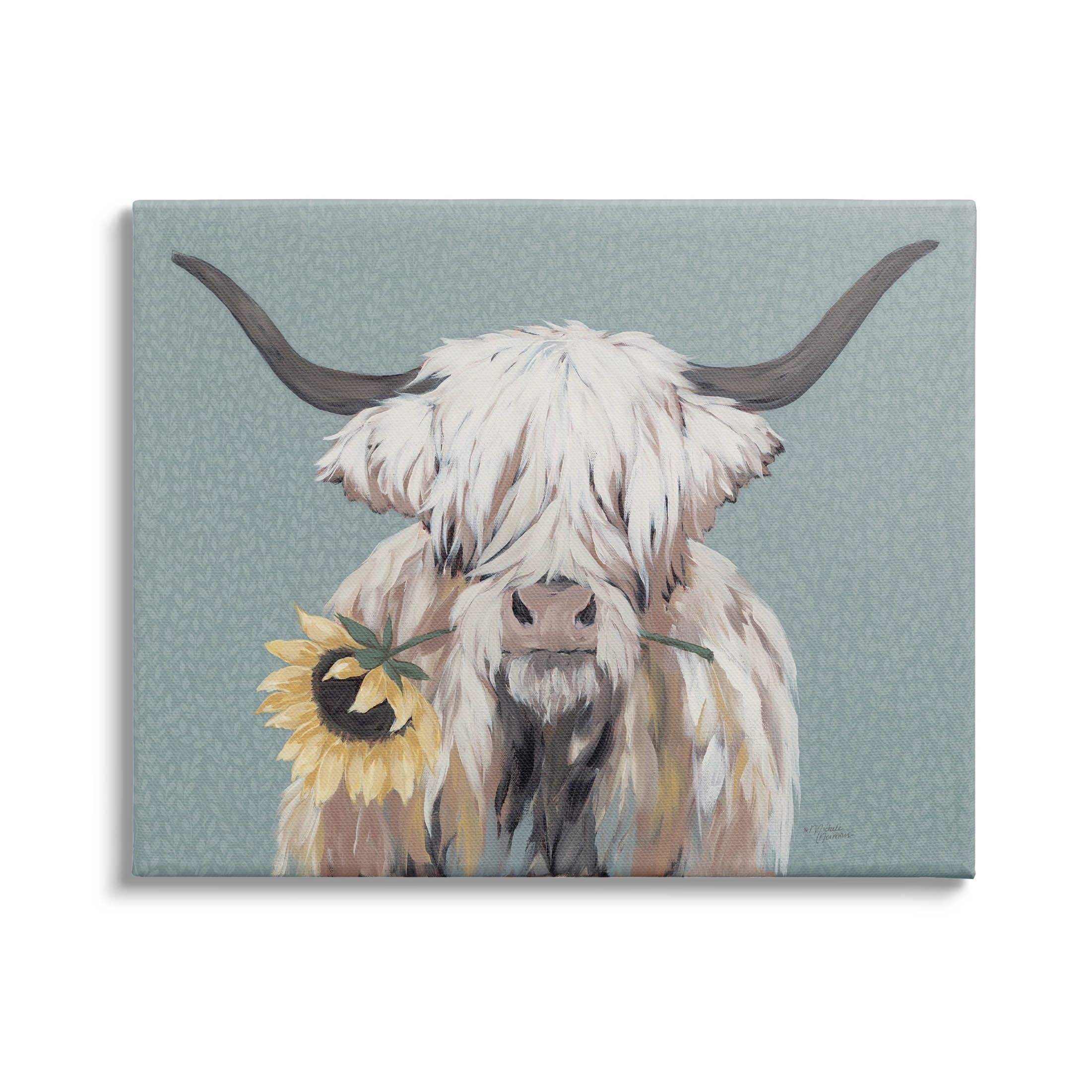 Stupell Industries Highland Cattle Biting Sunflower Bloom Painting Gallery Wrapped Canvas Print Wall Art, Design by Michele Norman
