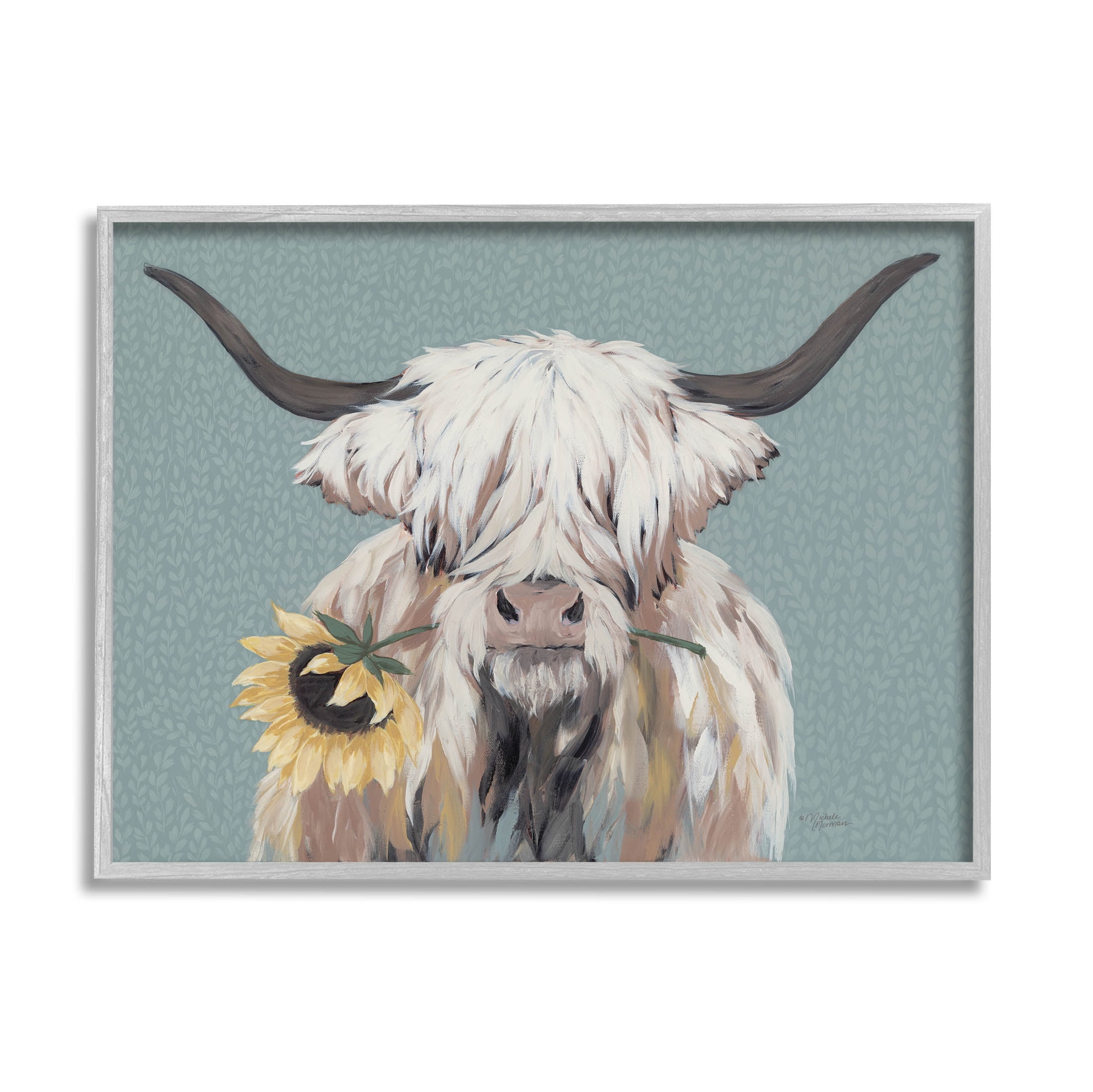 Stupell Industries Highland Cattle Biting Sunflower Bloom Painting Gray Framed Art Print Wall Art, Design by Michele Norman