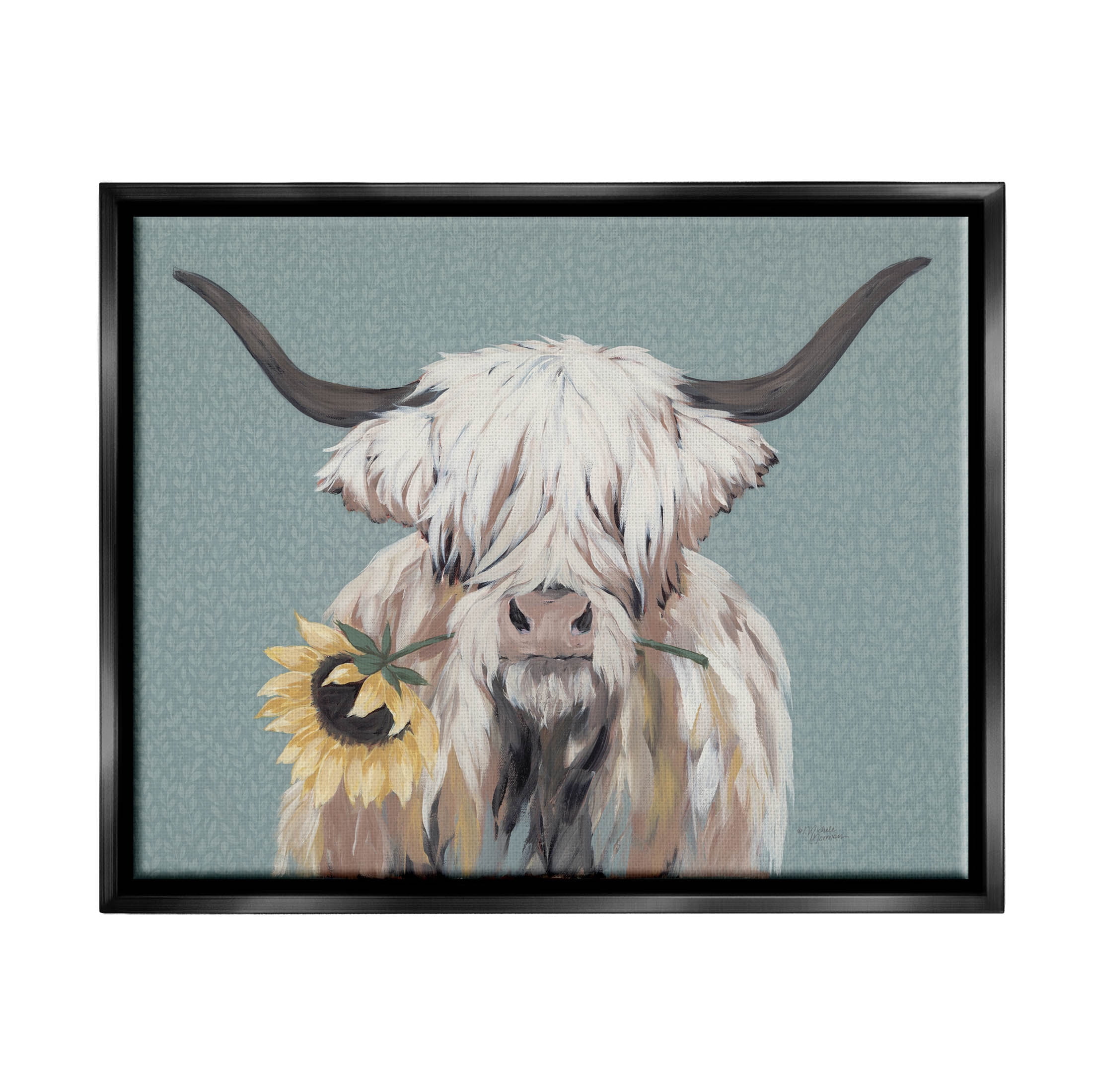 Stupell Industries Highland Cattle Biting Sunflower Bloom Painting Jet Black Floating Framed Canvas Print Wall Art, Design by Michele Norman