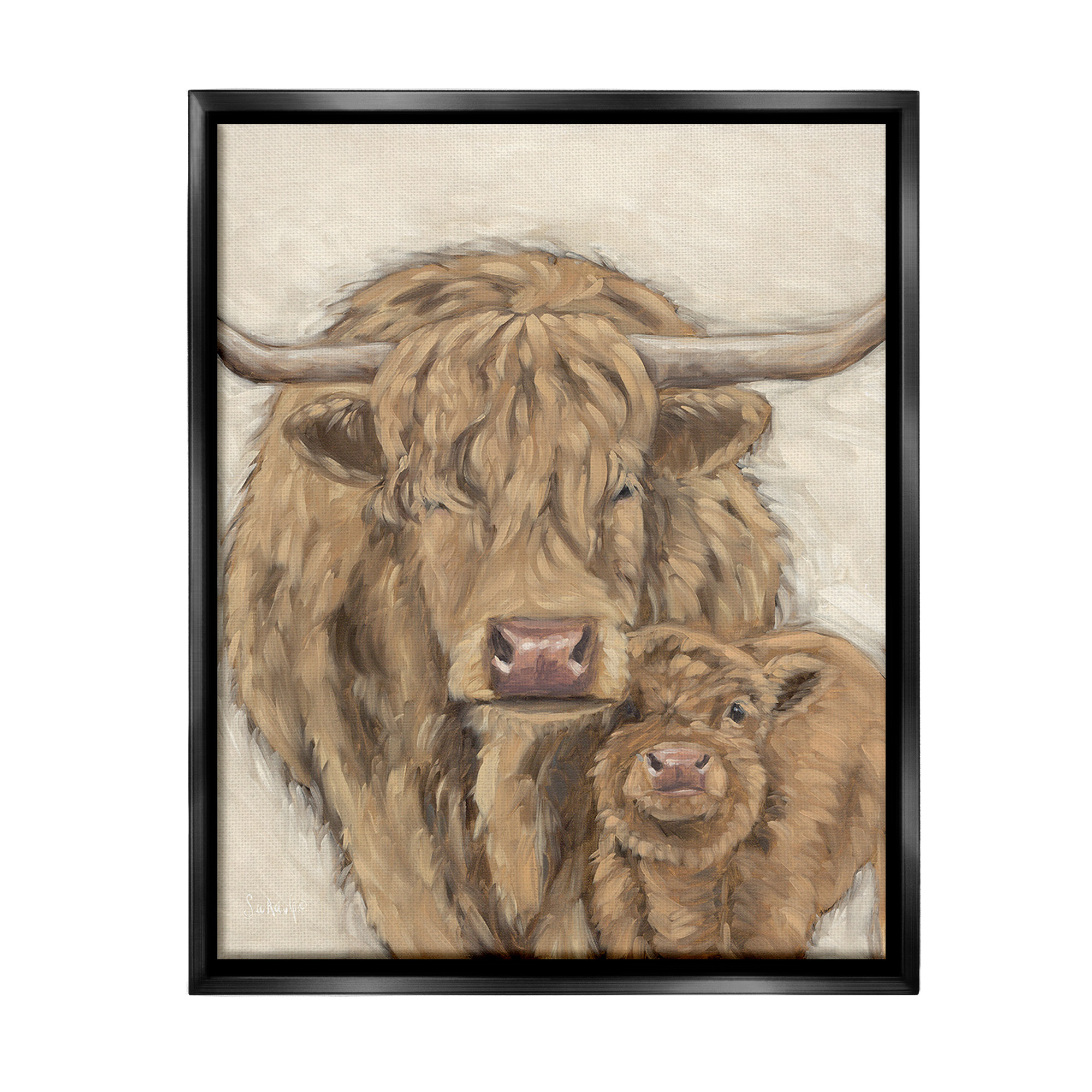 Stupell Industries Highland Cattle & Calf Animals & Insects Painting Black Floater Framed Canvas Art Print Wall Art, 25 x 31