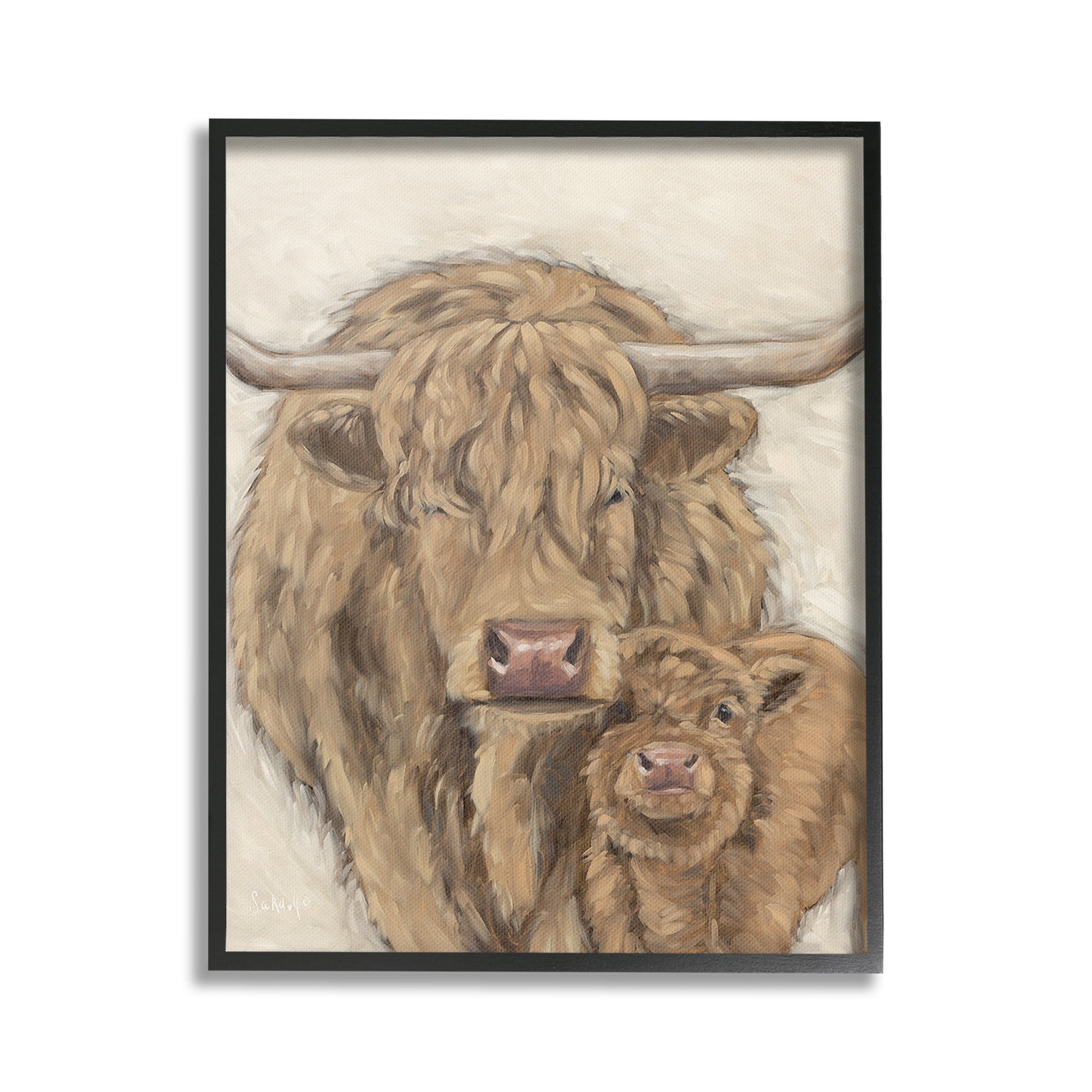 Stupell Industries Highland Cattle & Calf Animals & Insects Painting Black Framed Art Print Wall Art, 24 x 30