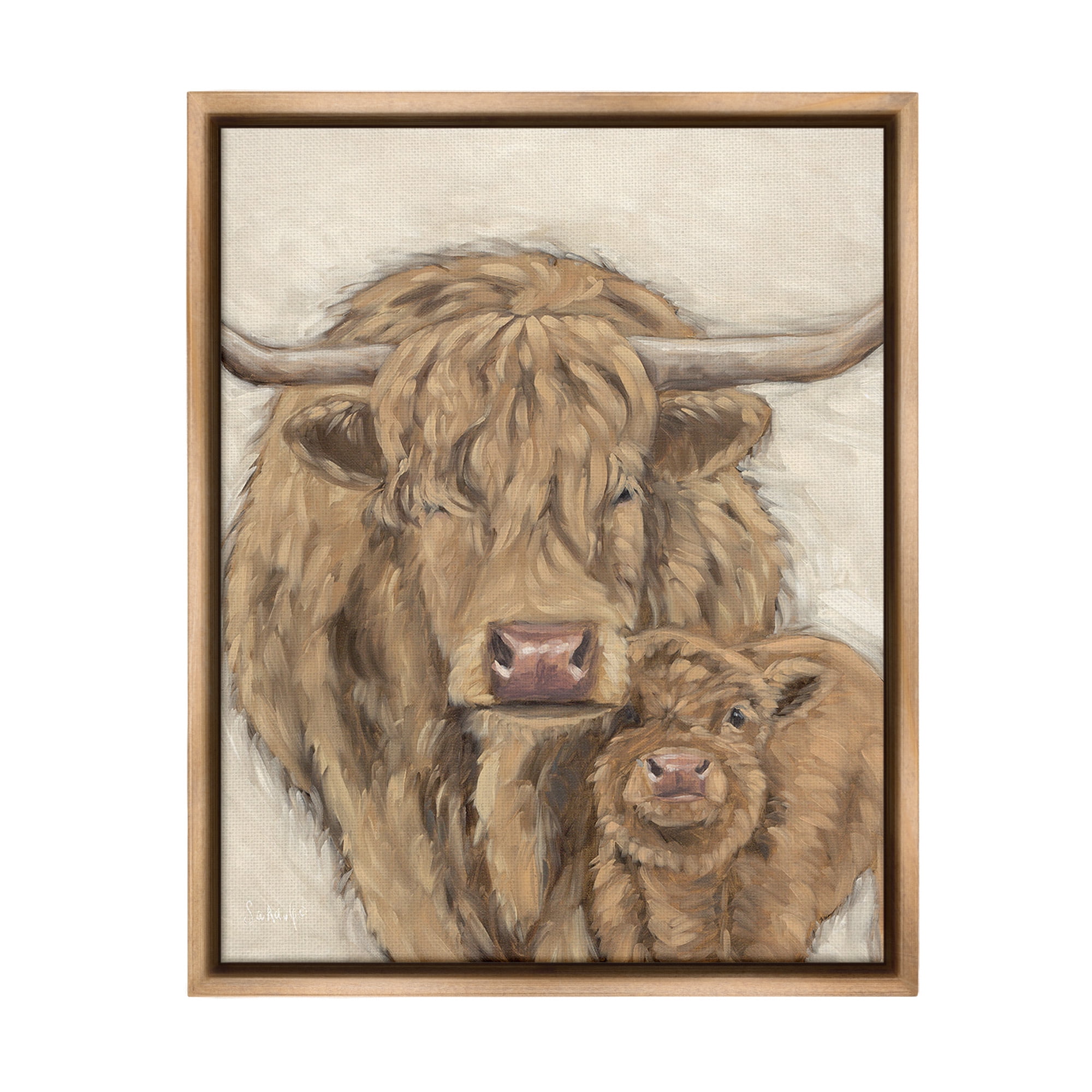 Stupell Industries Highland Cattle & Calf Animals & Insects Painting Brown Floater Framed Canvas Art Print Wall Art, 17 x 21