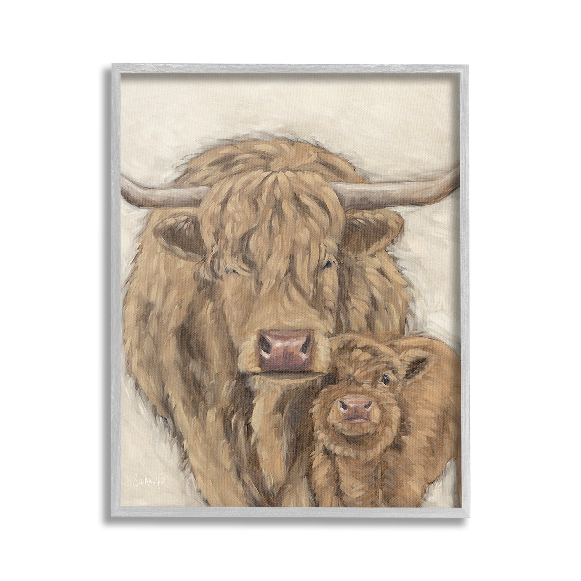 Stupell Industries Highland Cattle & Calf Animals & Insects Painting Gray Framed Art Print Wall Art, 24 x 30