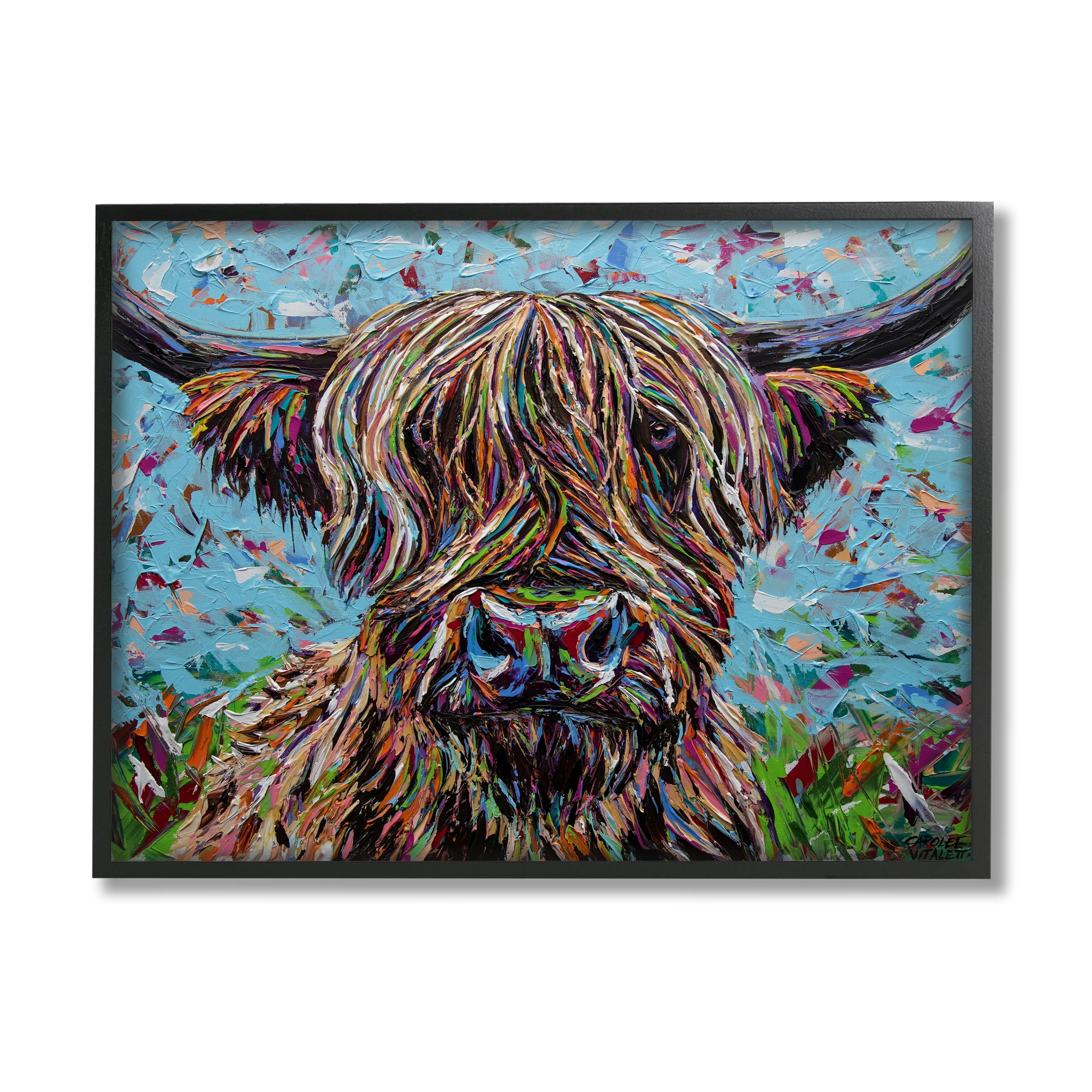 Stupell Industries Highland Cattle Cow Layered Flecked Abstract Portrait Painting Black Framed Art Print Wall Art, Design by Carolee Vitaletti