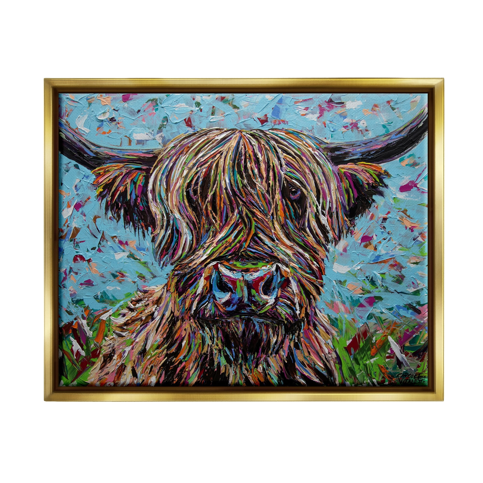 Stupell Industries Highland Cattle Cow Layered Flecked Abstract Portrait Painting Metallic Gold Floating Framed Canvas Print Wall Art, Design by Carolee Vitaletti