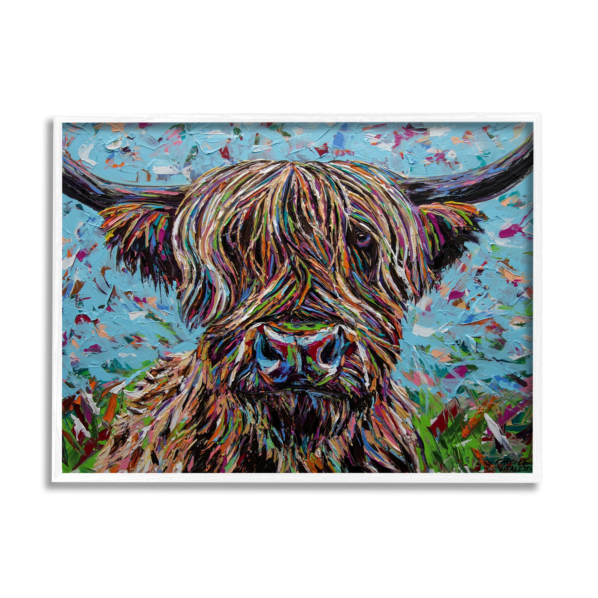 Stupell Industries Highland Cattle Cow Layered Flecked Abstract Portrait Painting White Framed Art Print Wall Art, Design by Carolee Vitaletti