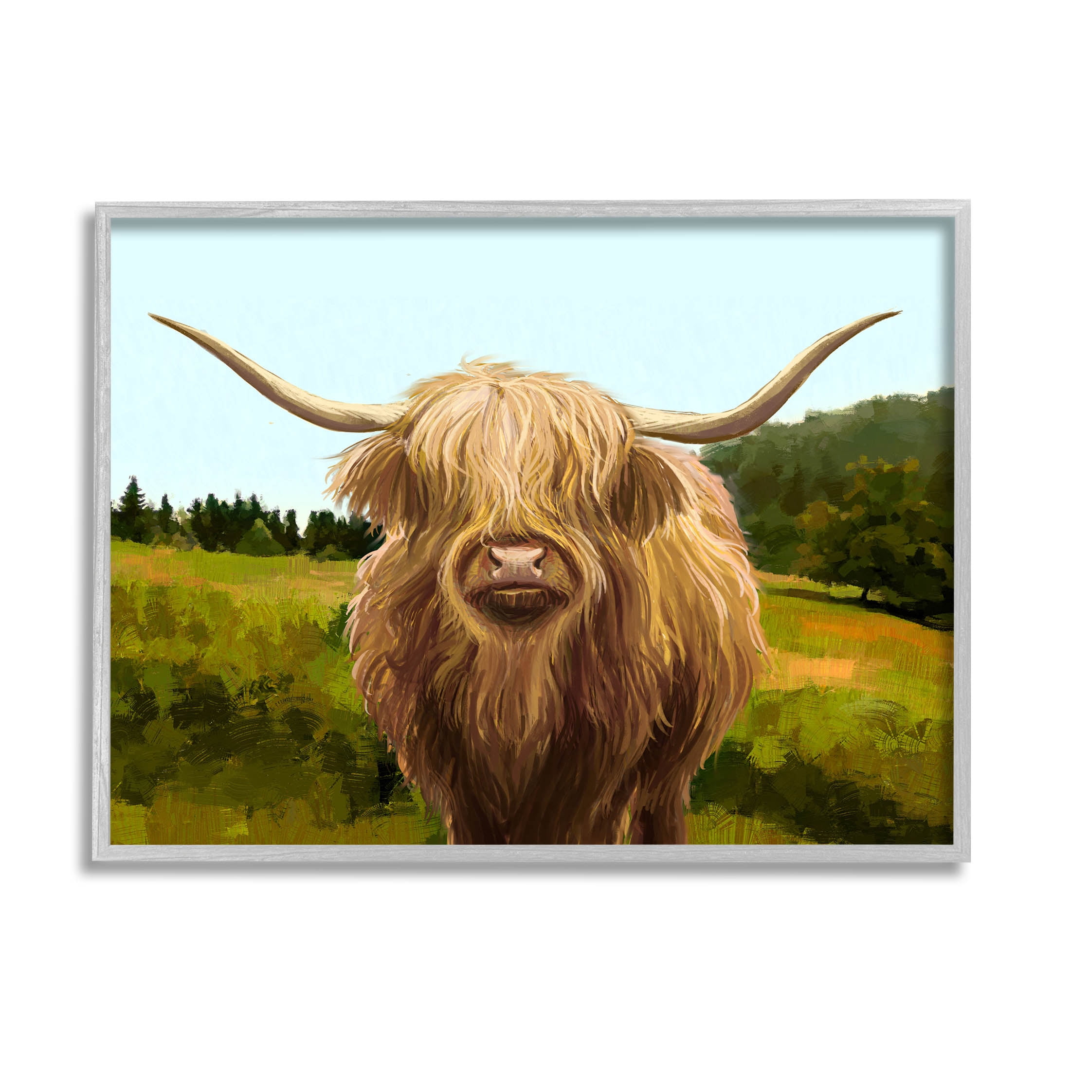 Stupell Industries Highland Cattle Grassland Farm Painting Gray Framed Art Print Wall Art, Design by Ziwei Li