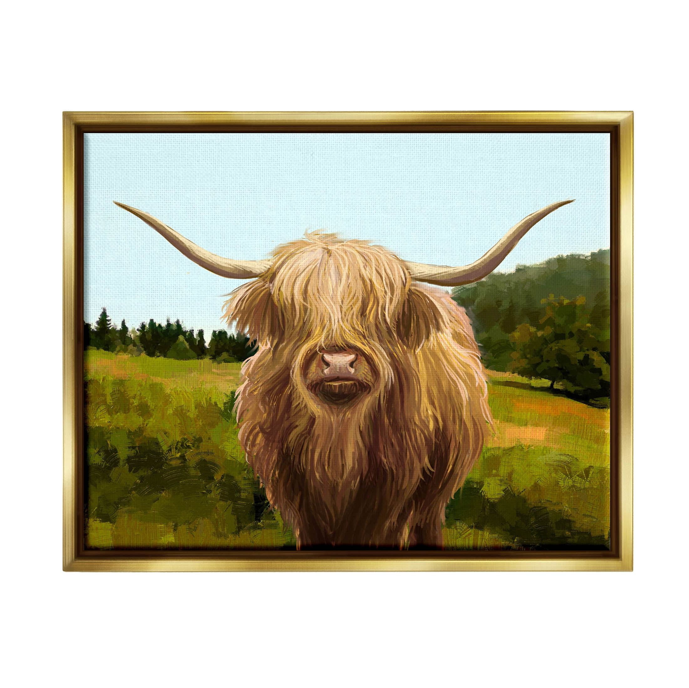 Stupell Industries Highland Cattle Grassland Farm Painting Metallic Gold Floating Framed Canvas Print Wall Art, Design by Ziwei Li