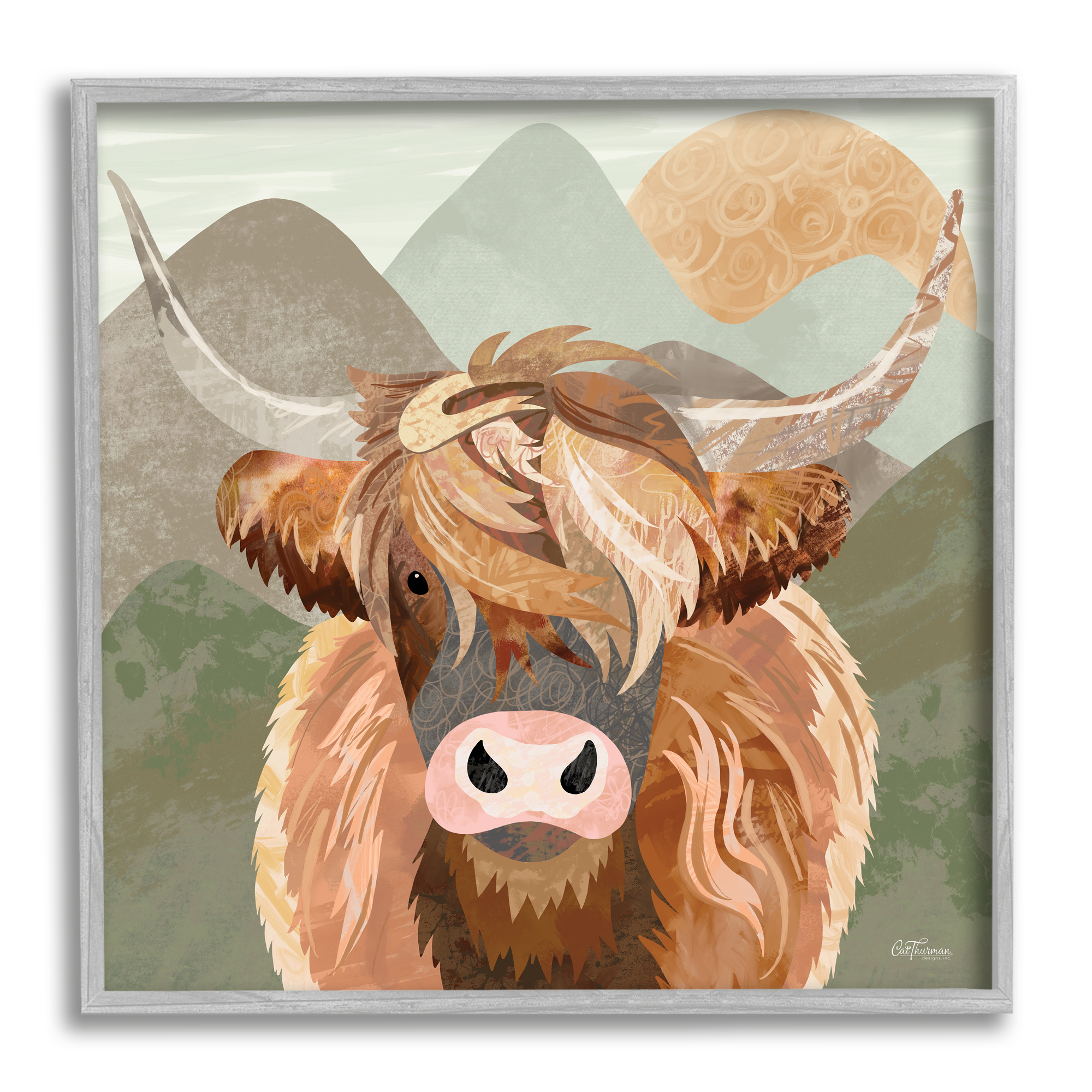 Stupell Industries Highland Cattle Landscape Animals & Insects Painting Gray Framed Art Print Wall Art, 17 x 17