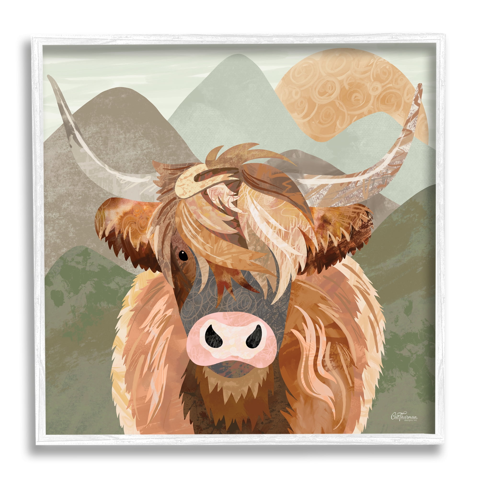 Stupell Industries Highland Cattle Landscape Animals & Insects Painting White Framed Art Print Wall Art, 24 x 24